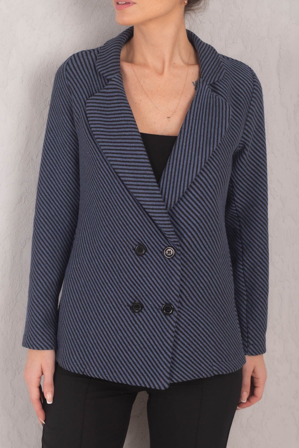 Woman Dark Blue Line Patterned Four button stamp jacket ARM-24K001037