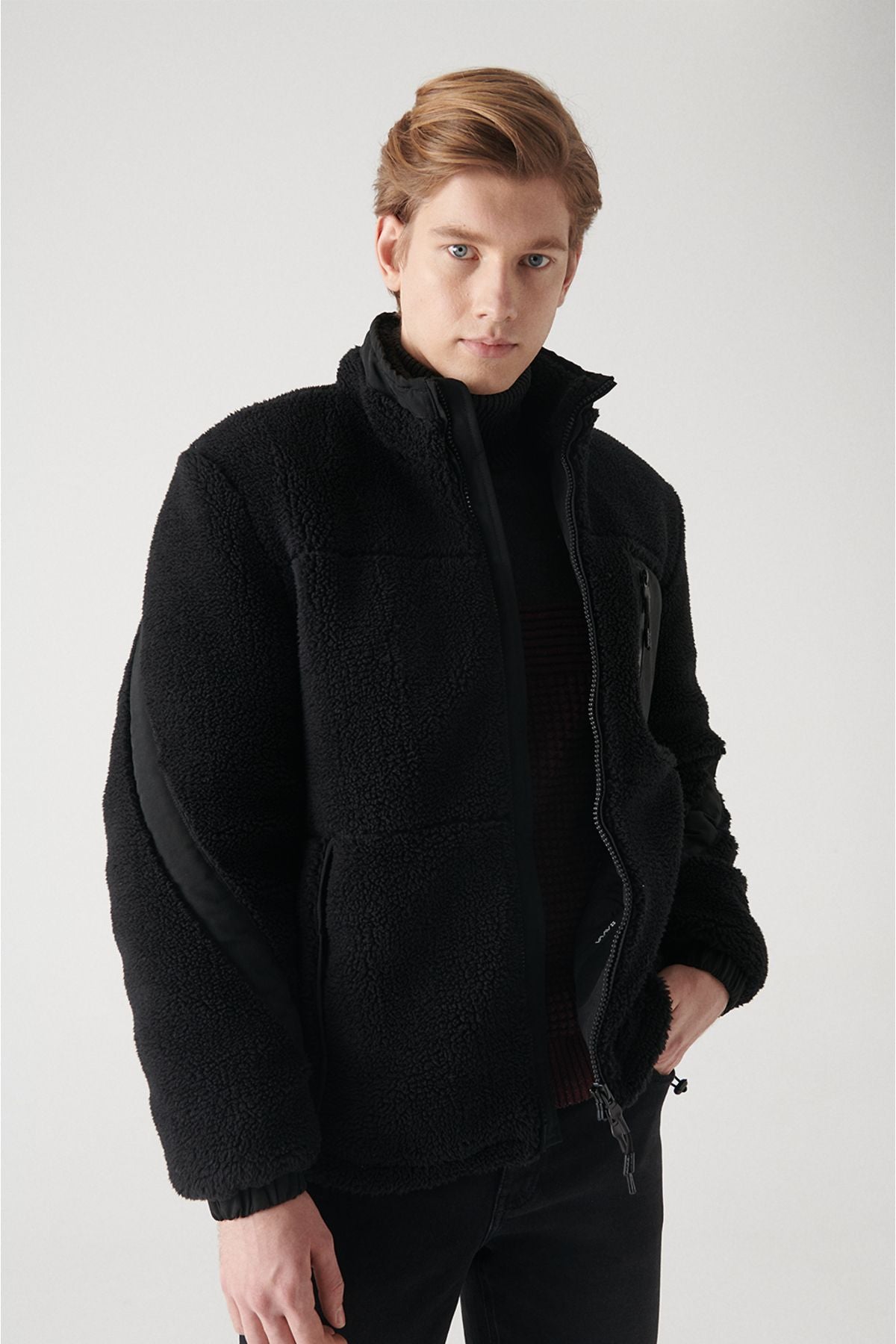 Men's black upright collar plush coat A22y6026