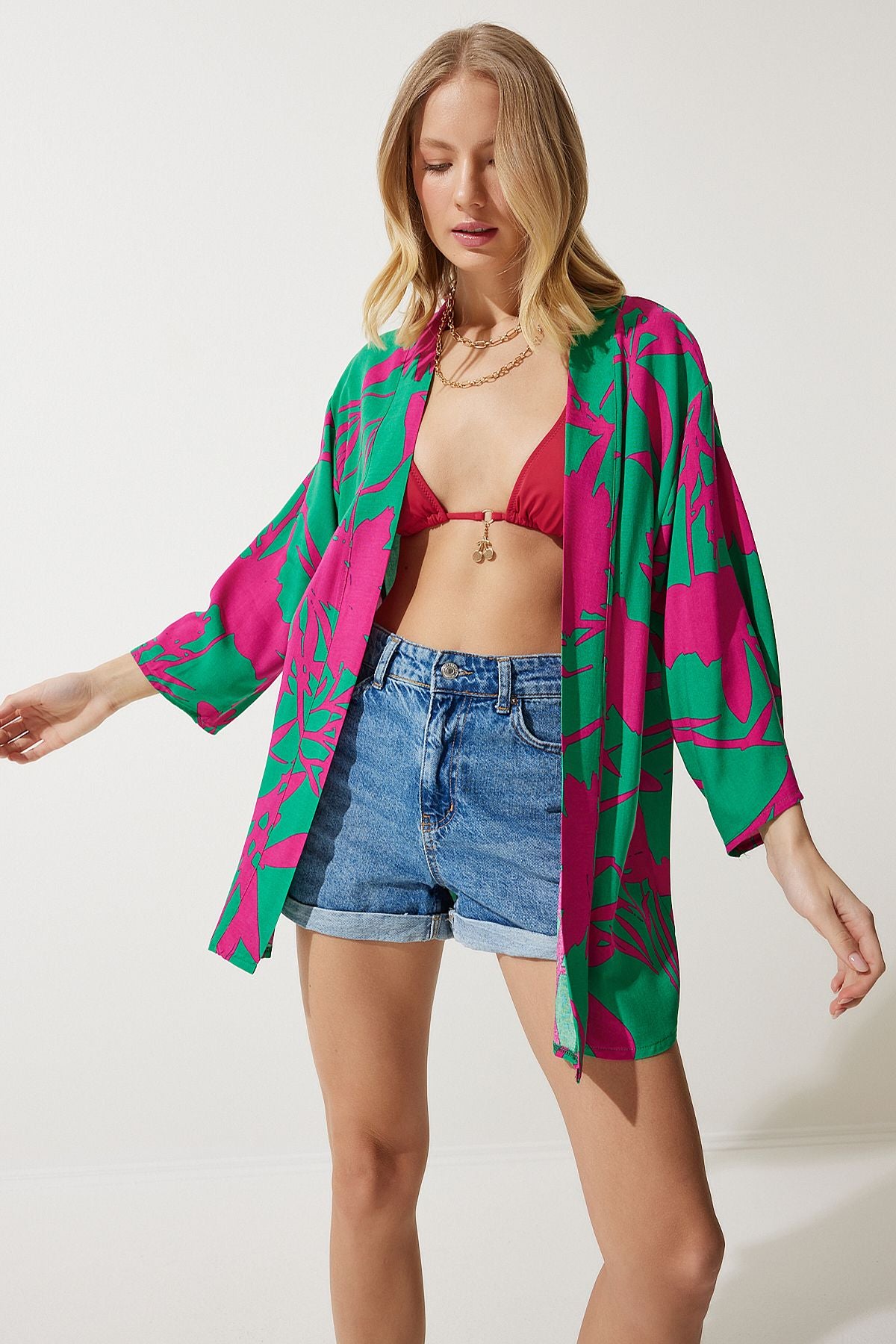 Female green pink patterned viscone Kimono EN00615