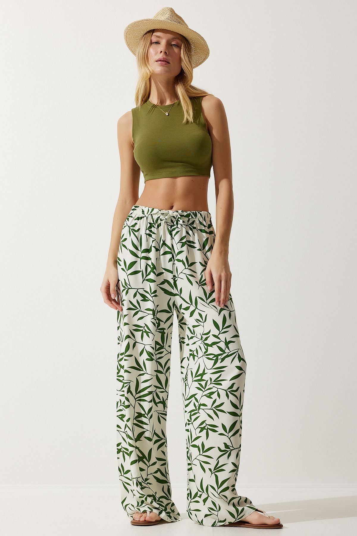 Female Ecru Green Patterned Viscose Palazzo Pants EN00606