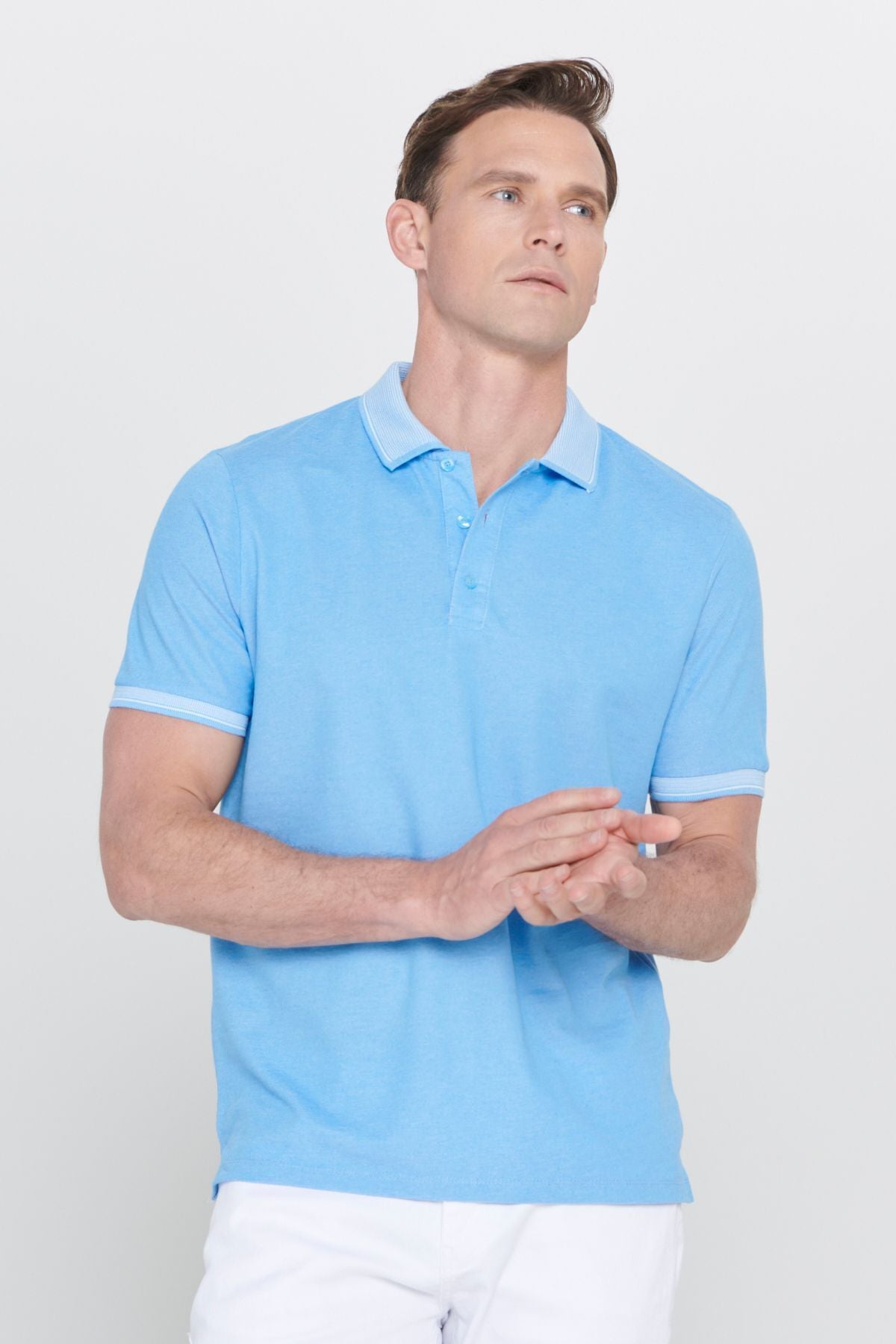 Men -Plugging Cotton Fabric Slim Fit Narrow Cut Blue Curled Polo Yaka T -shirt