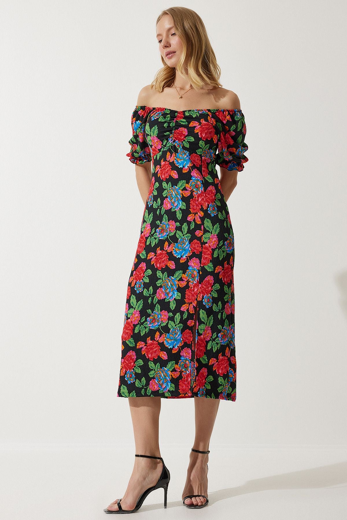Woman Red Elastic Carmen Yaka Summer Viscose Dress MC00172