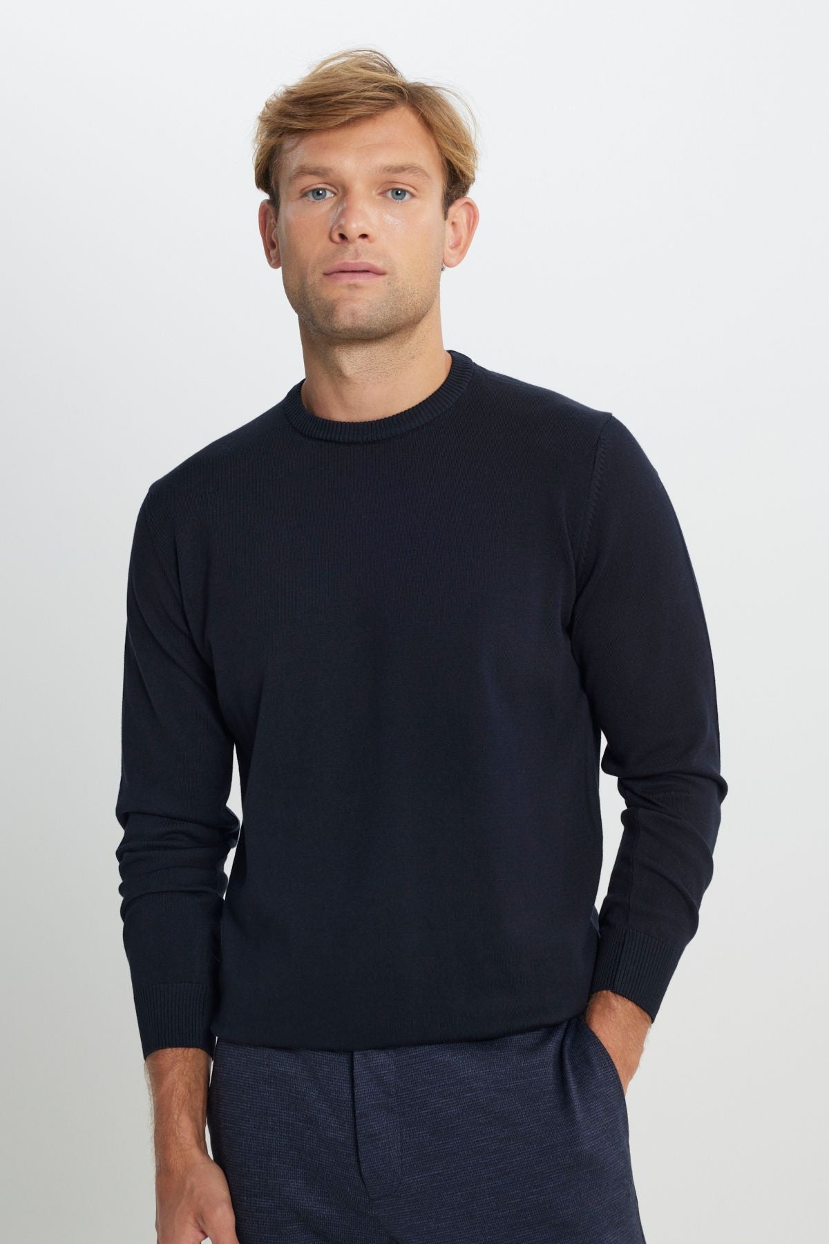 Men's Navy Blue Cotton Standard Fit Normal Cut Bicycle Cyclos Knitwear Sweater