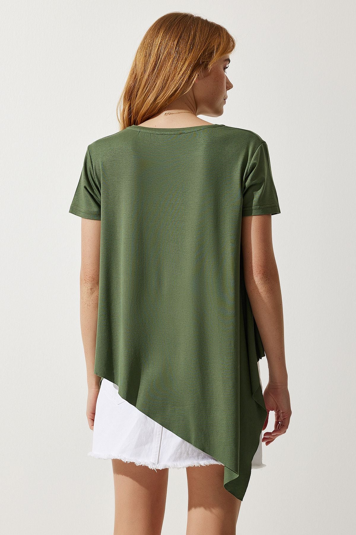 Woman Khaki Asymmetric Viscose Knitting T-Shirt EN00599