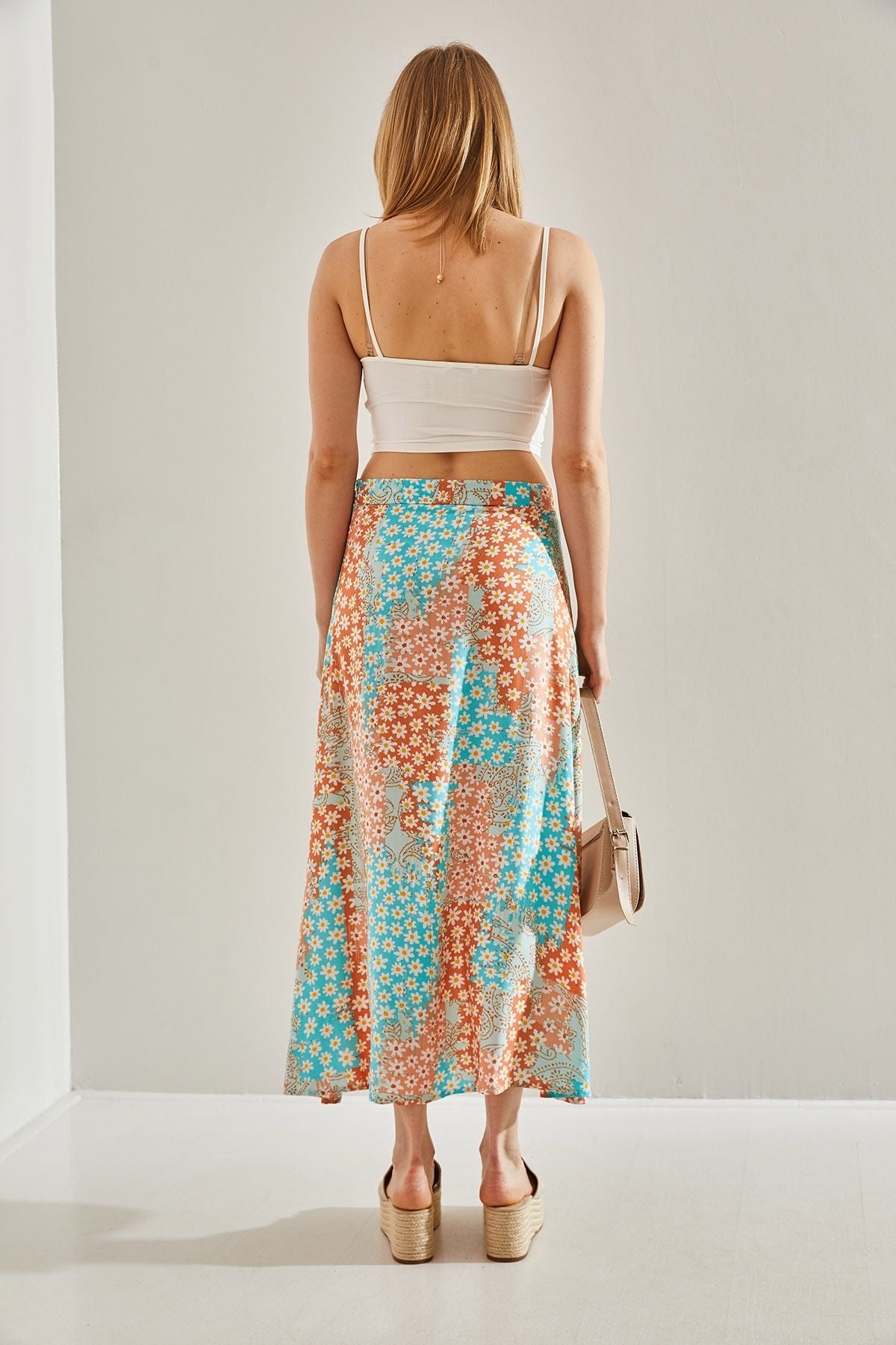 Women's turquoise-orange side hidden zipper slitted floral skirt 60251034