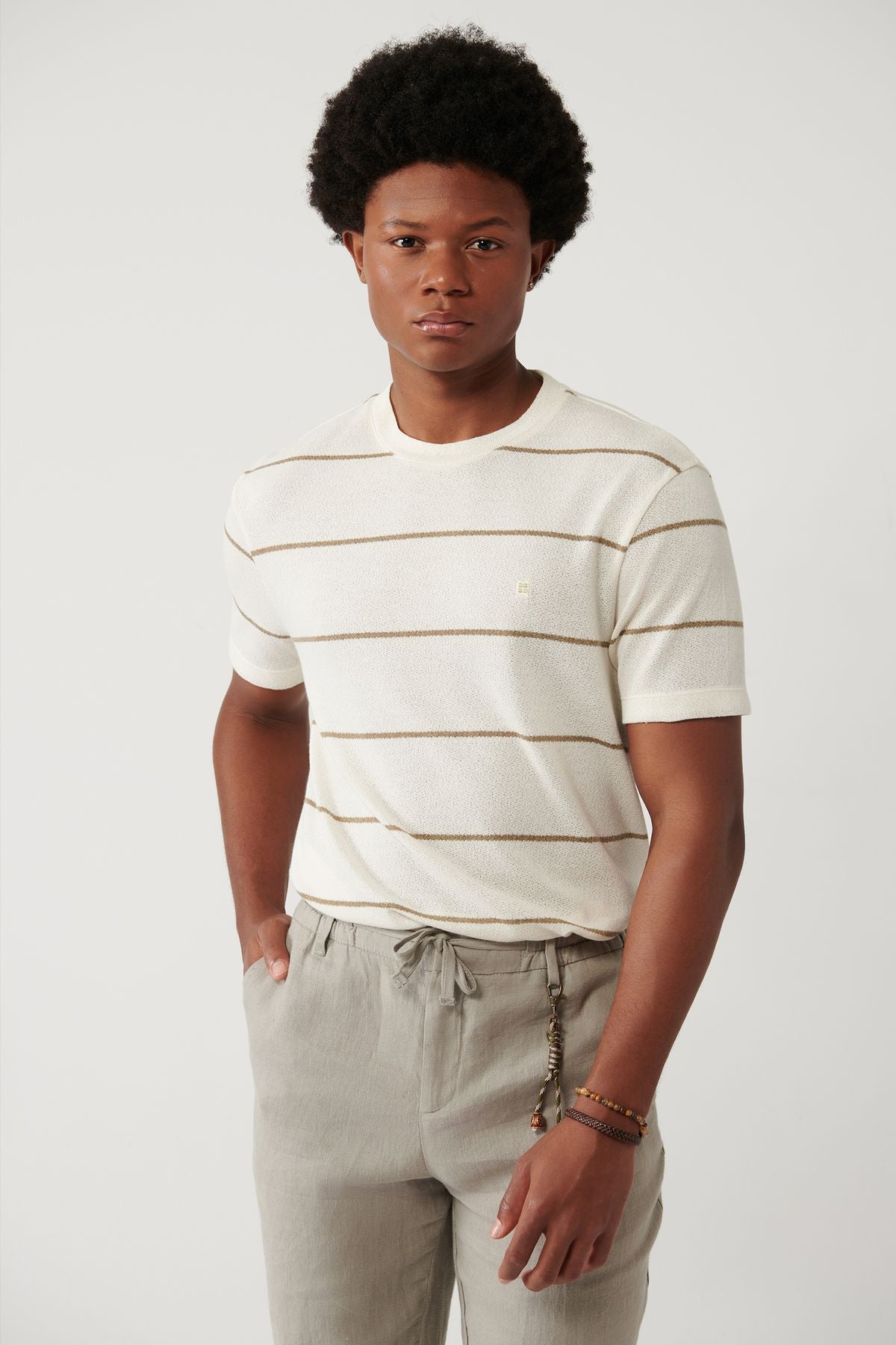 Men's Light Beige Bike collar striped T-shirt A41y1016
