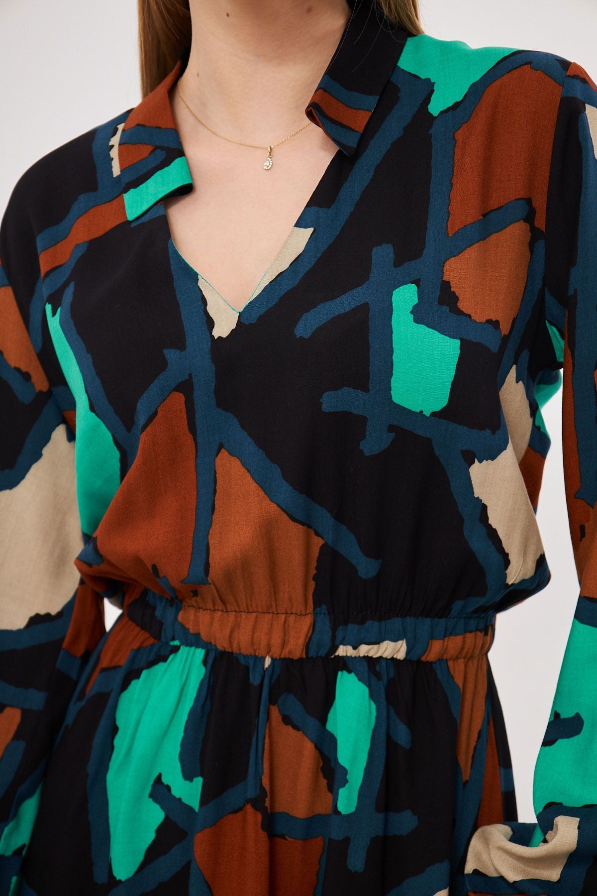 Female turquoise shirt collar detailed waist arm tire closes dress ARM-25K001043
