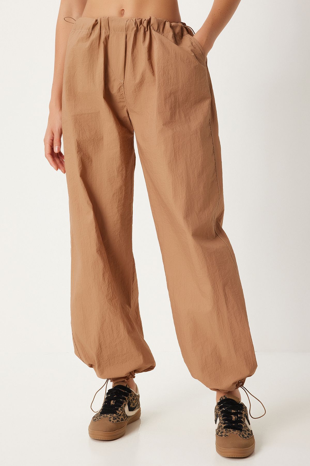 Female beige pocket parachute shalwar pants FN03274