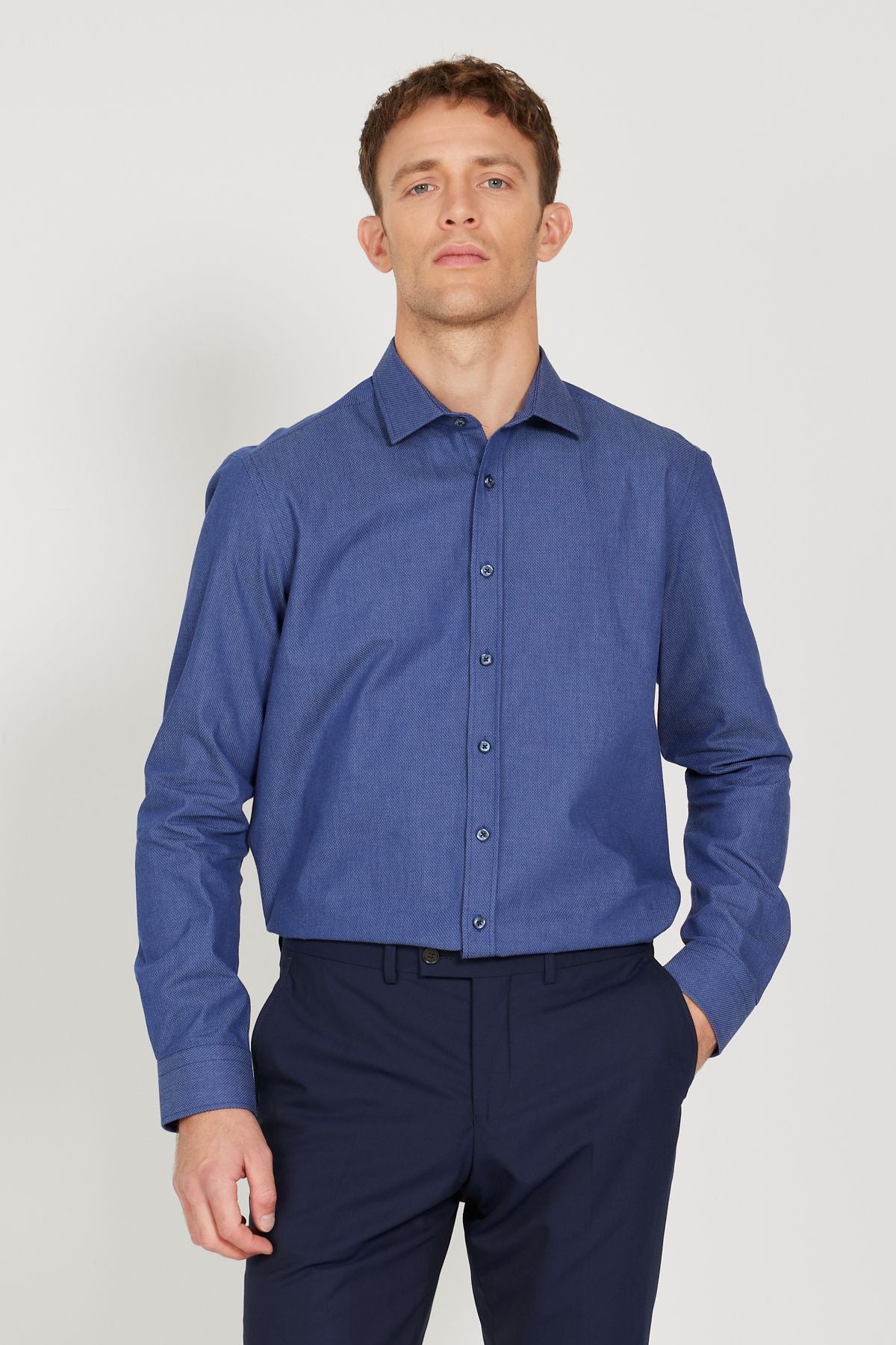 Men's Navy Blue-Mavi Slim Fit Narn Cut Classic Neck 100 %Cotton Amelor Shirt