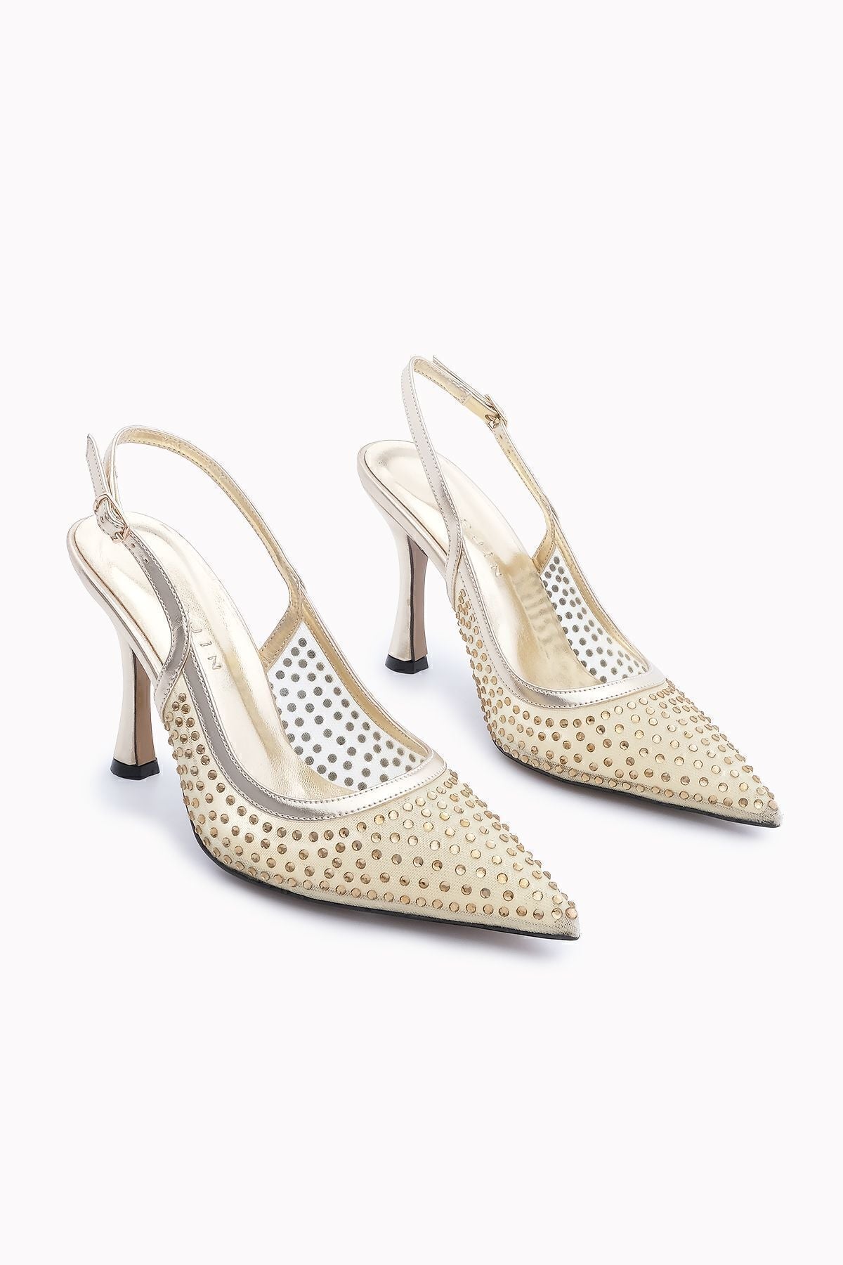 Women's Stiletto Stone Behind Open Heeled Shoes Dentar Gold