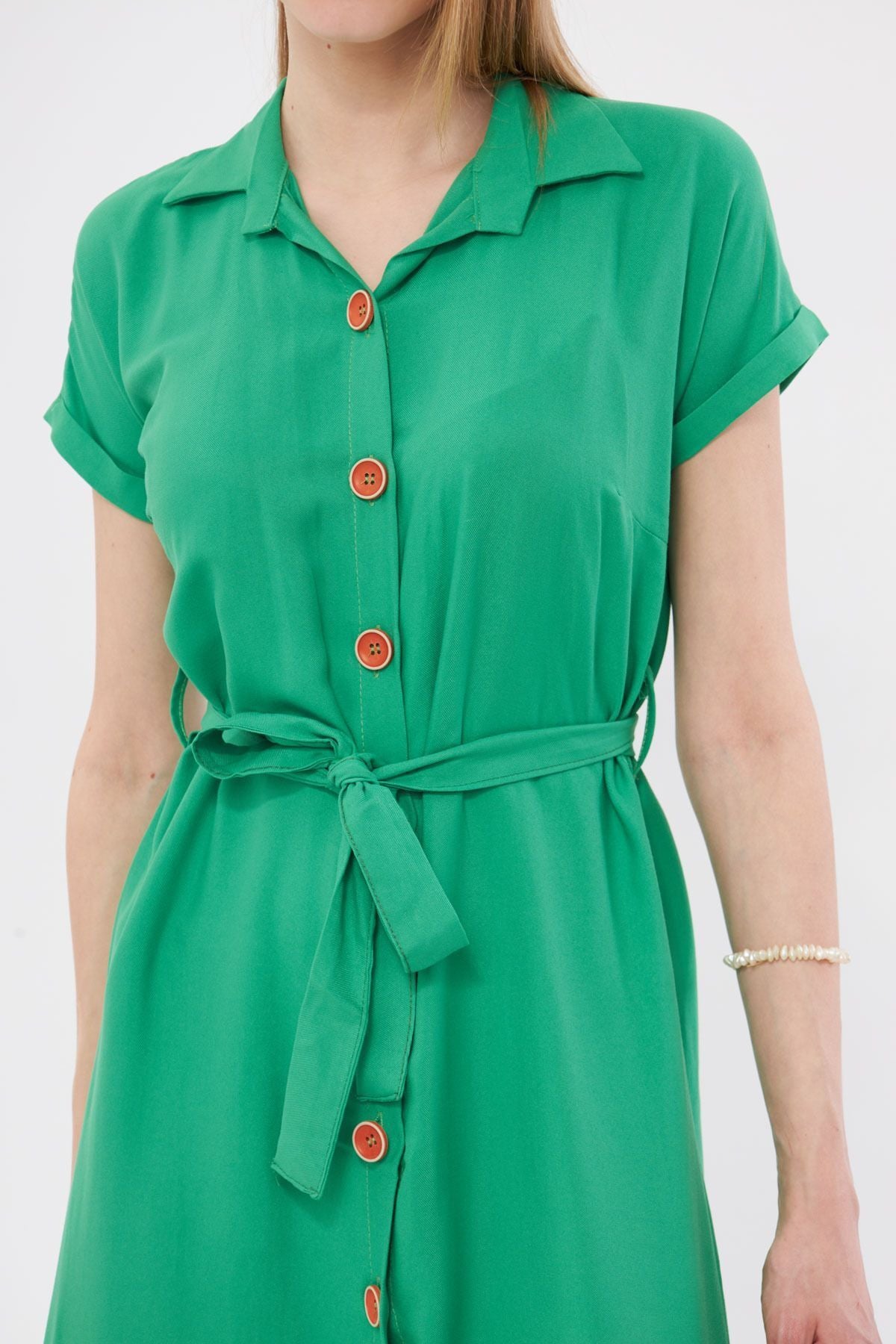 Woman Light Green Waist Belt Short Sleeve Shirt Dress ARM-19Y001068