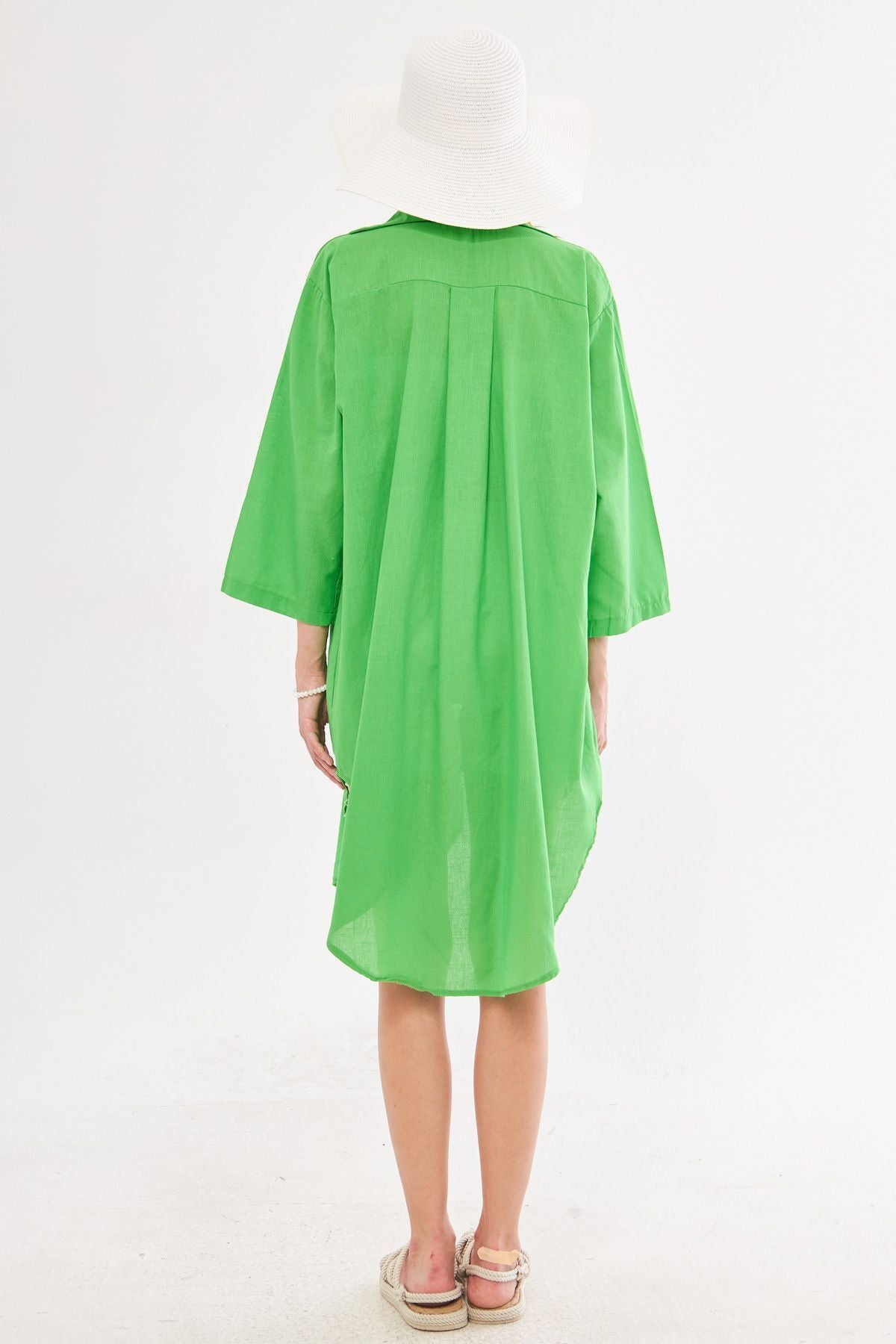 Female green front-binding thin linen fabric midi height kimono shirt ARM-24Y001081