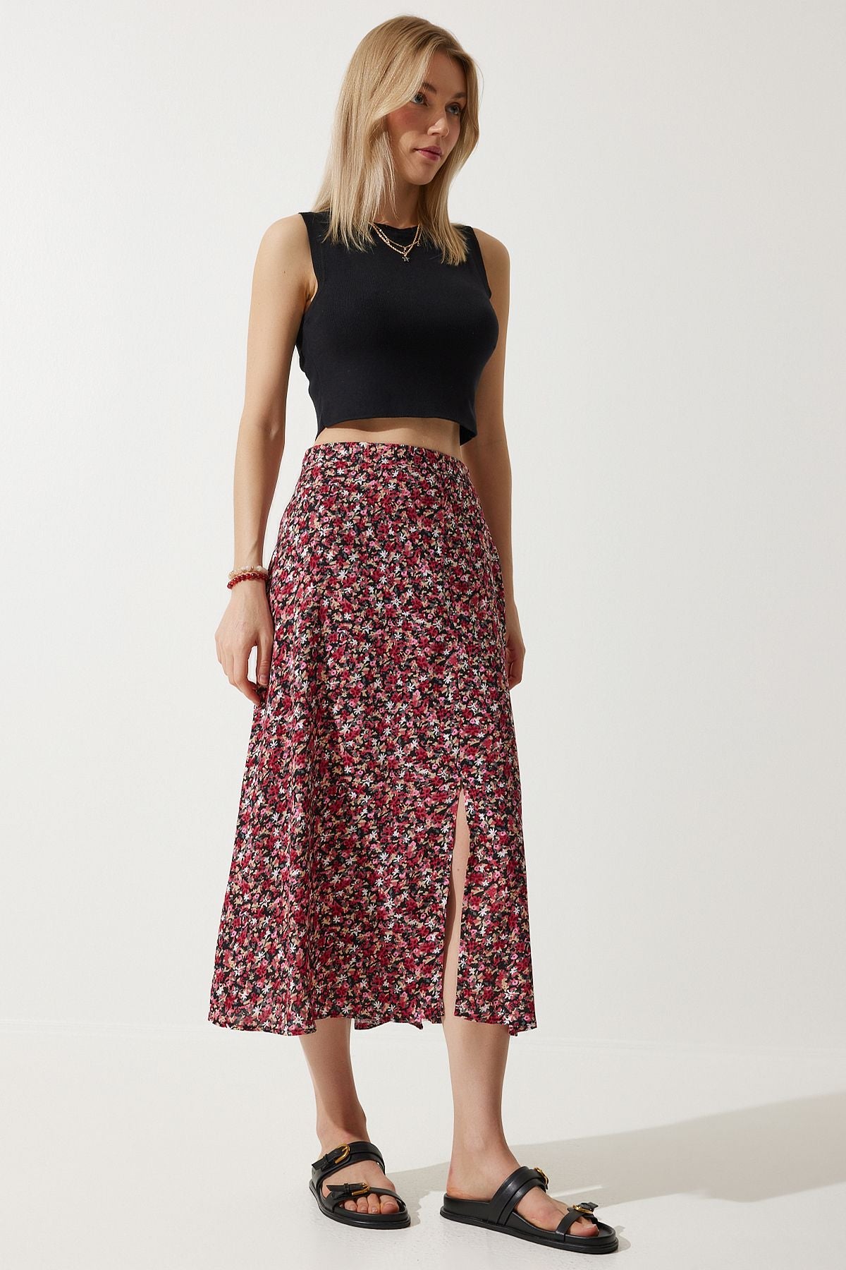 Woman Red Black Flower Swittish Summer Viscose Skirt MX00165