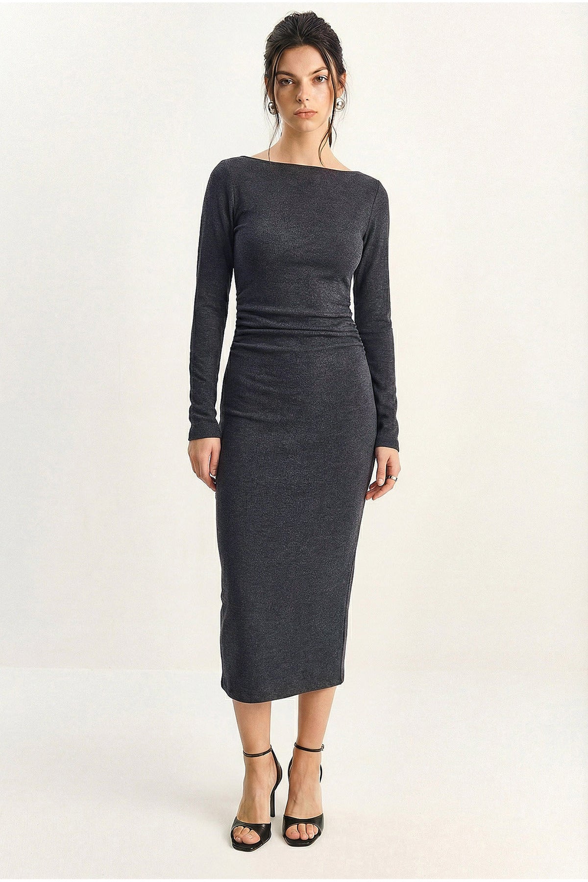 Women's Boat Neck Gather Detailed Long Sleeve Midi Dress DE261004 60283984
