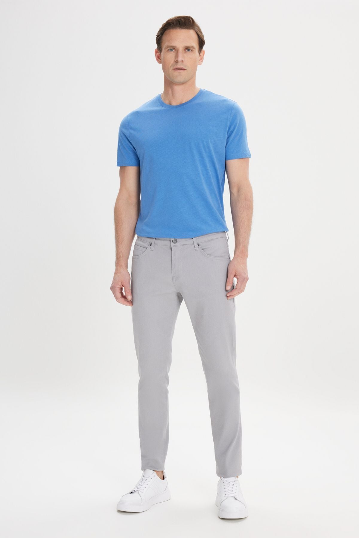 Men's gray 360 degrees stretching in all directions slim fit narrow cut diagonal flexible patterned pants