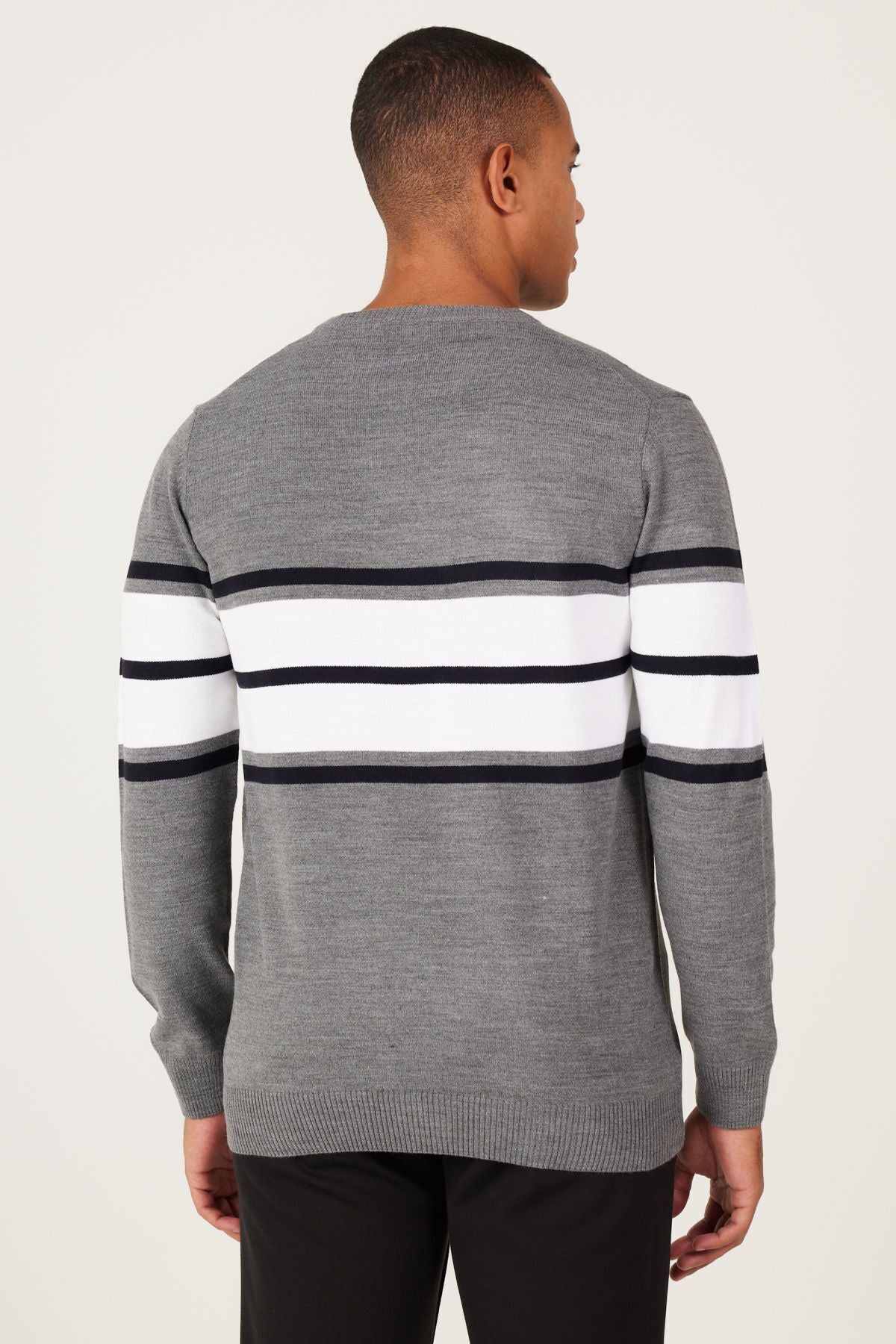 Men's Gray-Ekru Standard Fit Normal Cut Normal Cycling Cycling Yaka striped knitwear sweater