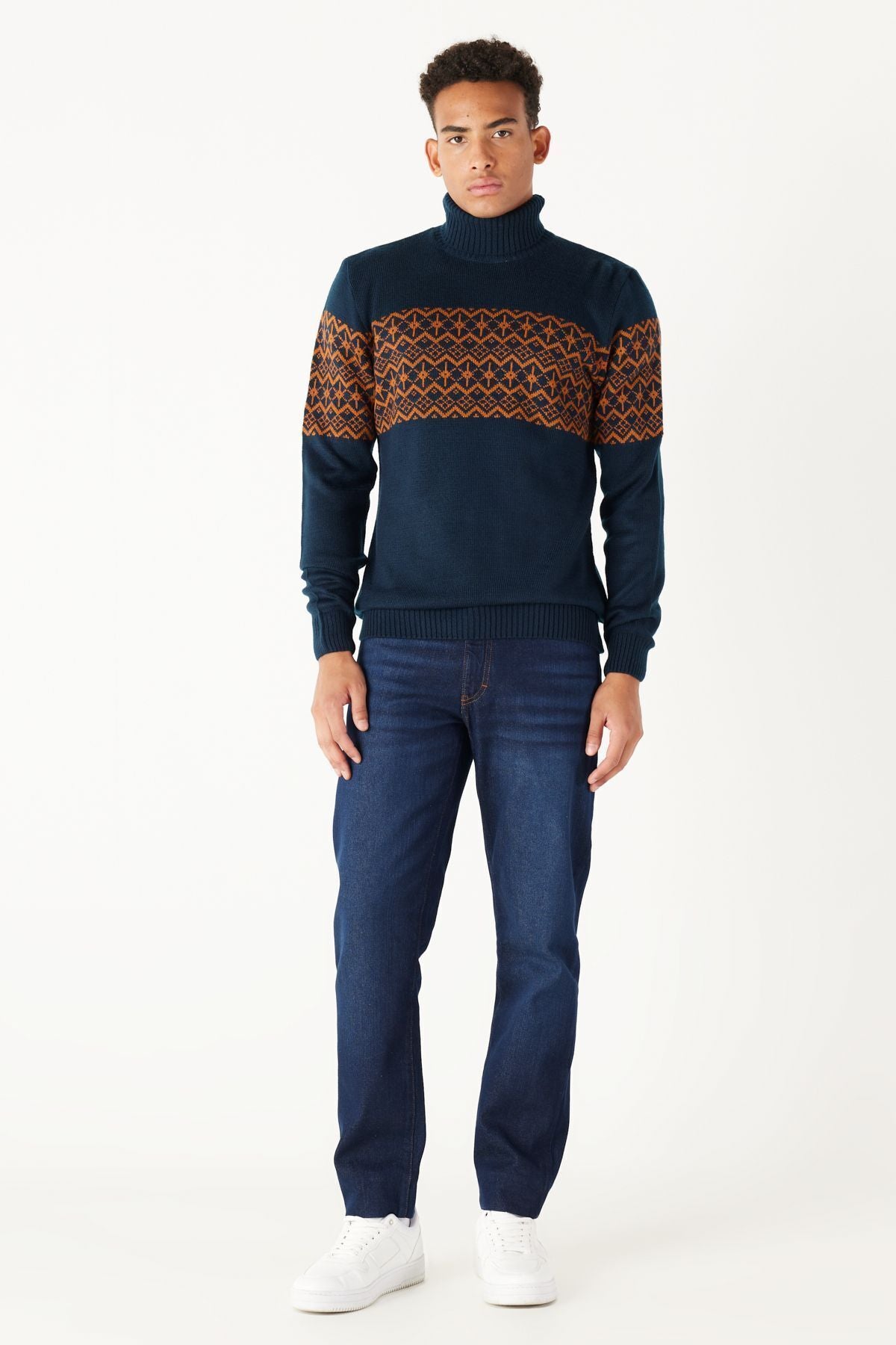 Men's Navy Blue-Cycle Standard Fit Normal Cut Fisherman Yaka Zigzag Patterned Knitwear Kazakh