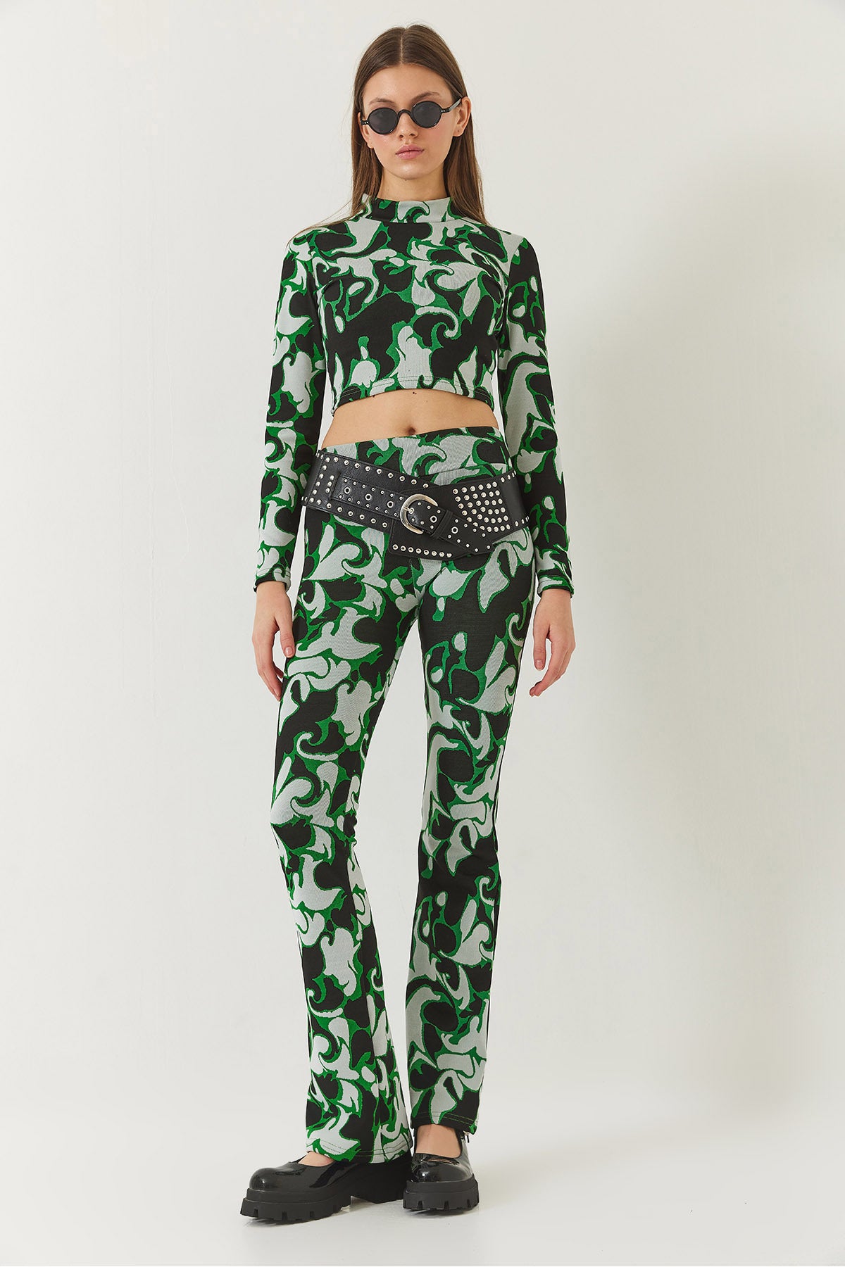 Women's Half Turtleneck Long Sleeve Crop Top and Bottom Set with Elastic Waist Trousers 60261375