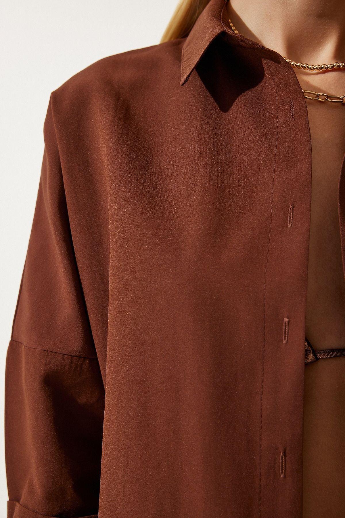 Woman Chocolate Oversize Long Basic Shirt DD00842