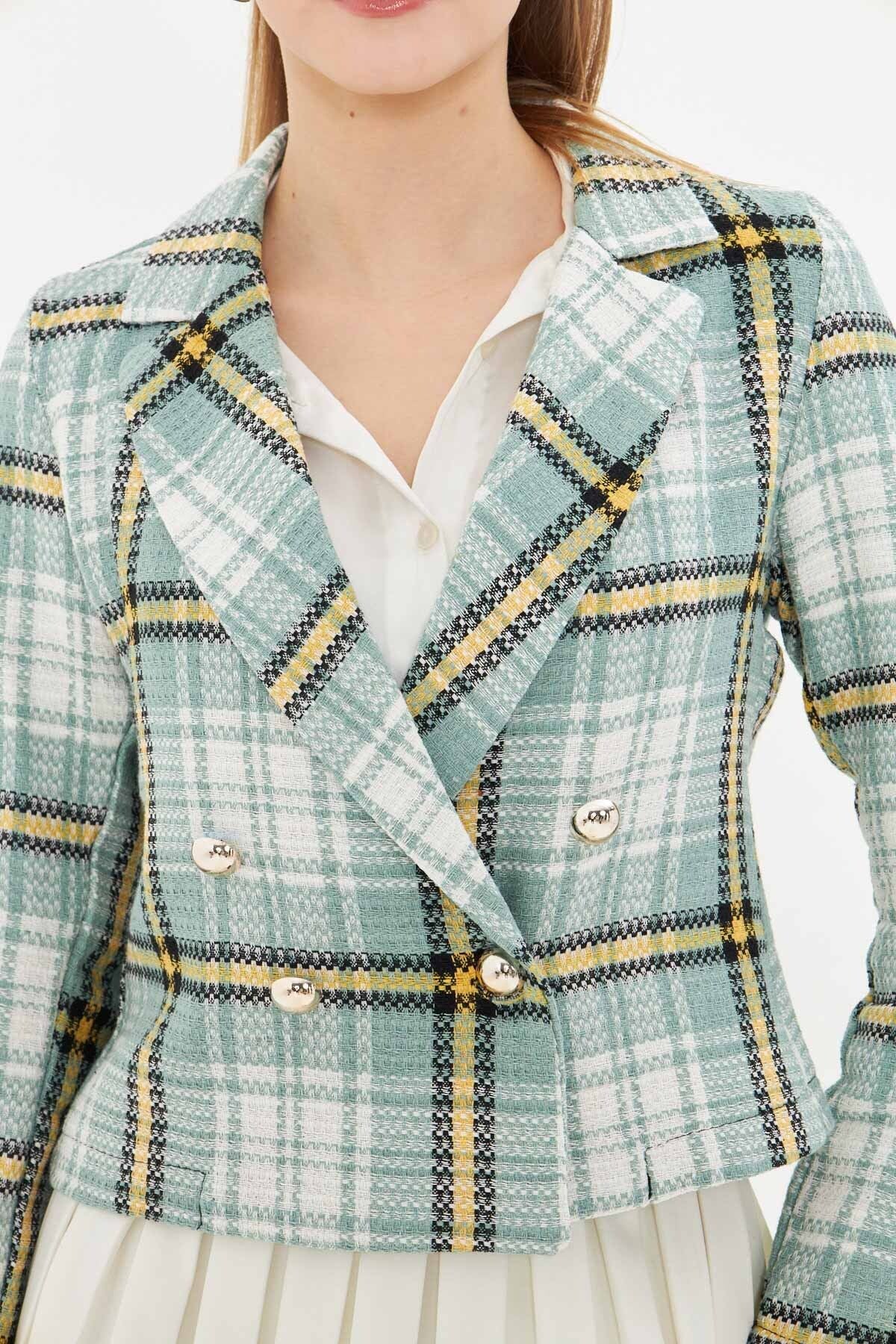Female Green-Yally Cruve Collar Tüvit Crop Jacket ARM-24K001014