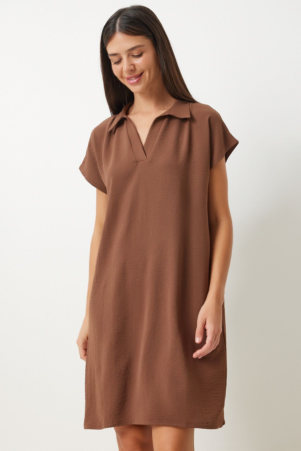 Female Brown Polo Yaka Summer Abundant Linen Ayrrin Dress to00138