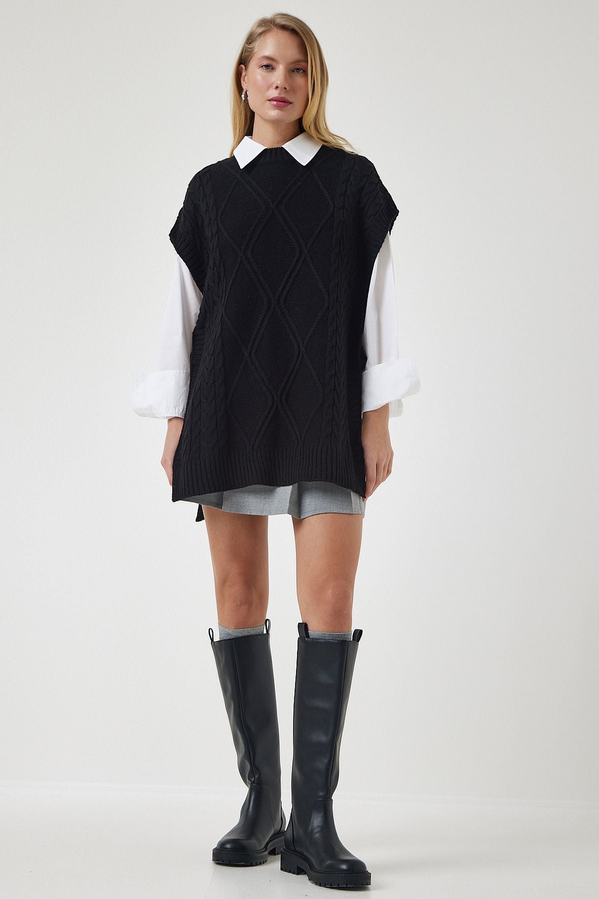 Female black baglama detailed overwhelm knitwear sweater yg00104