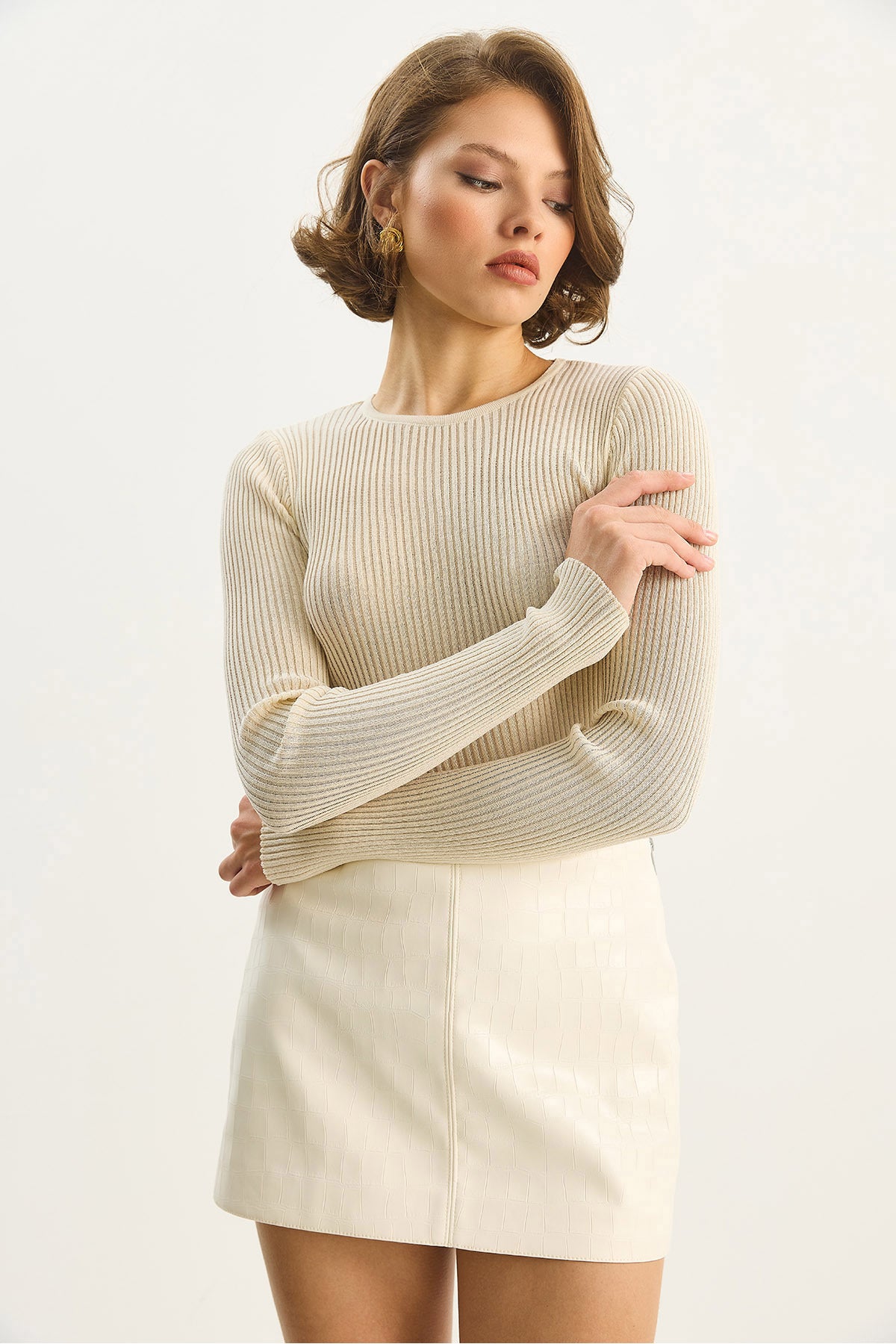 Women's Crew Neck Ribbed Body-hugging Sequin Detailed Gilded Knitwear Blouse 4798 60283583