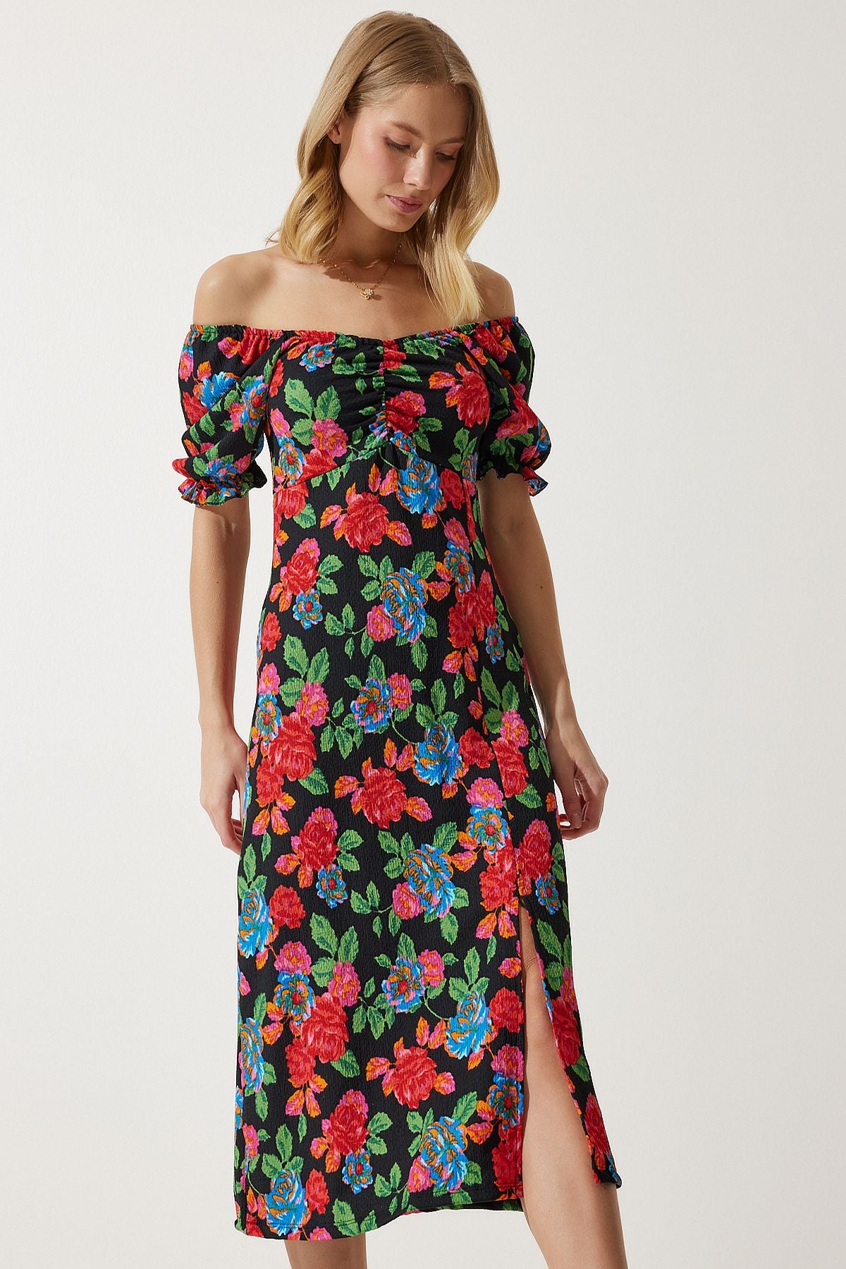 Woman Red Elastic Carmen Yaka Summer Viscose Dress MC00172
