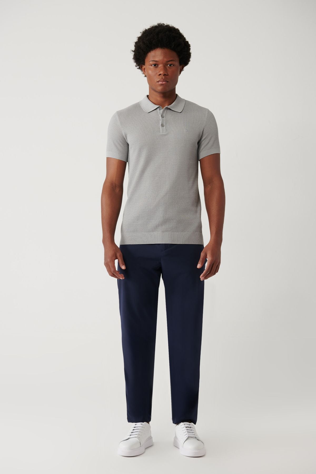 Men's gray 3 button textured riban Polo Yaka Triko T-Shirt B005009