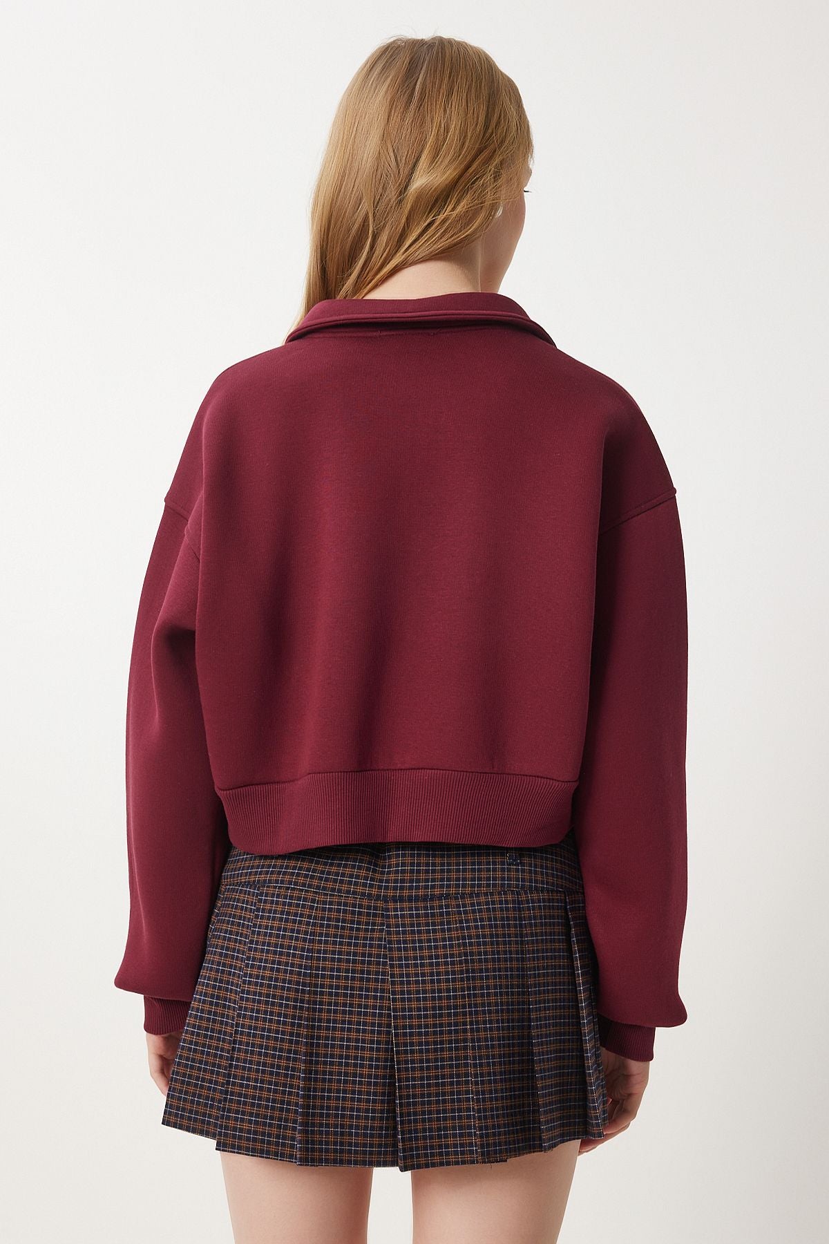 Female Bordeaux Polo Yaka Crop Knitting Sweatshirt HW00014