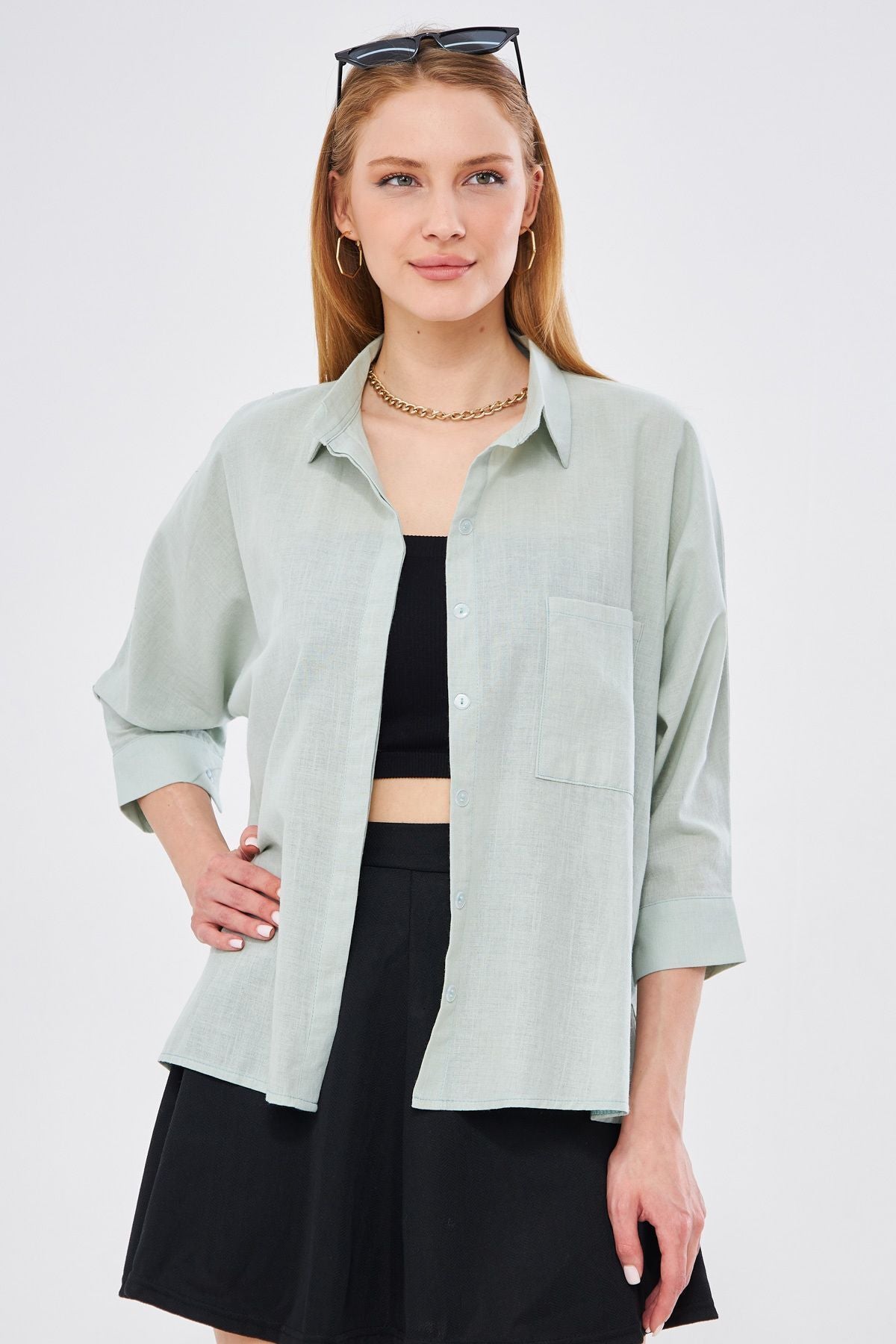 WOMEN OPEN MINT POCKET POET SET Linen Shirt ARM-21Y001035