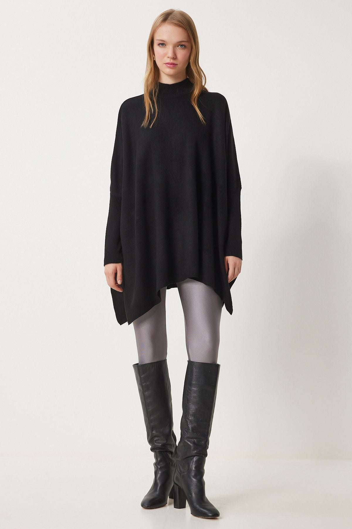 WOMEN'S Black Side Slit Oversiz Pancho Kazakh YY00005