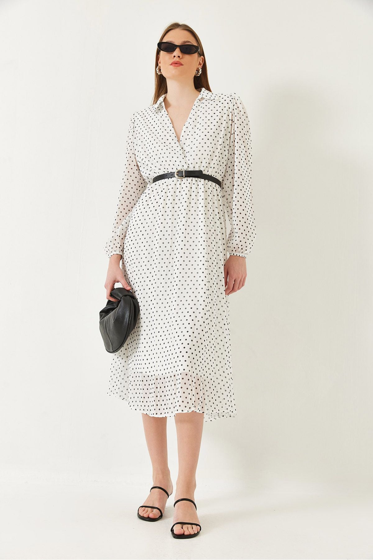 Women's Waist Pekle with a polka dot lined midi woven dress 70295 60271032