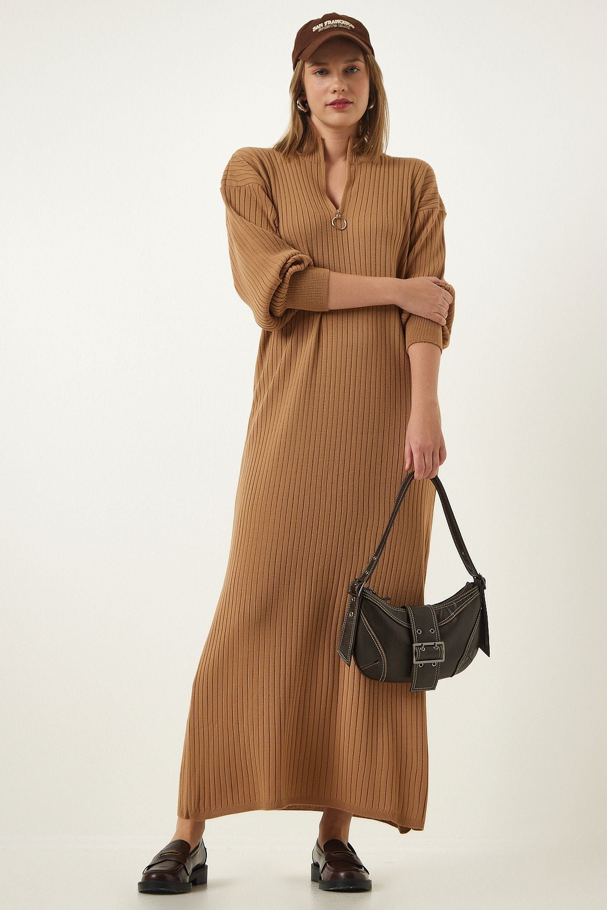 Female Biscuit Zippered Neck Vumor Long Knitwear Dress DD01295