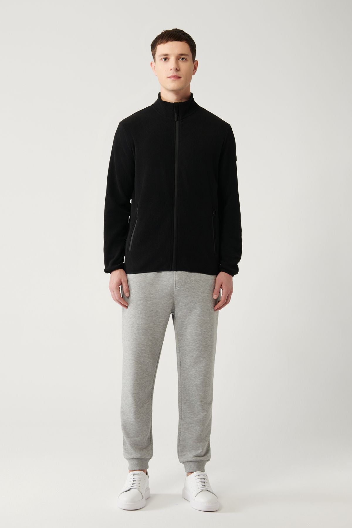 Men's black upright neck cold -resistant zipper with fleece sweatshirt E001069