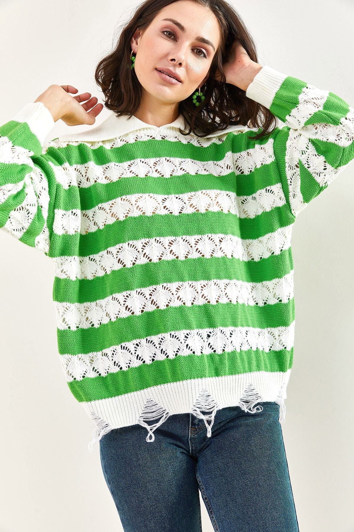 WOMEN'S Polo Yaka Torn Patterned Knitwear Sweater