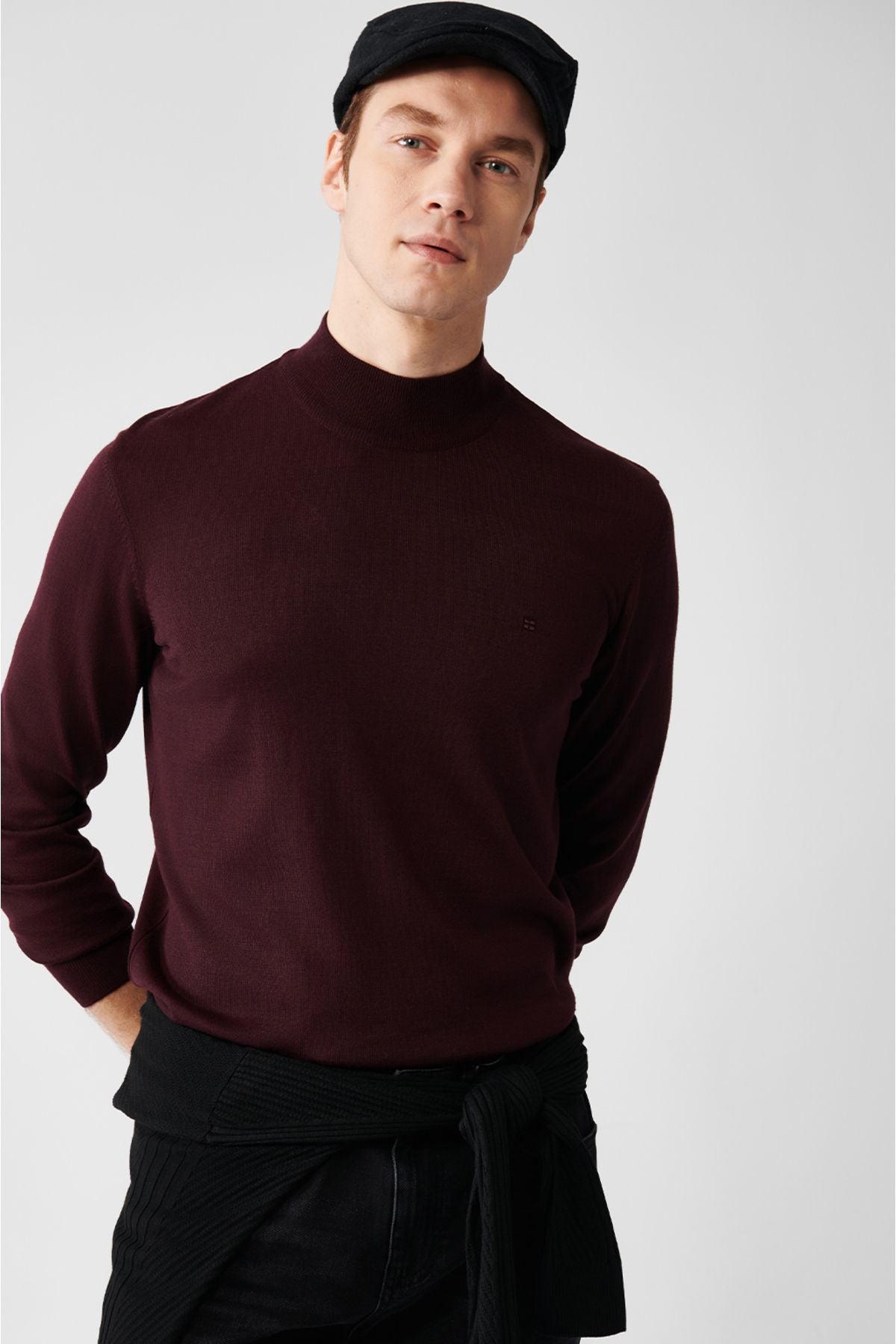 Men's Bordeaux Half Fisherman Neck Wool Mixed Knitwear Sweater B005015