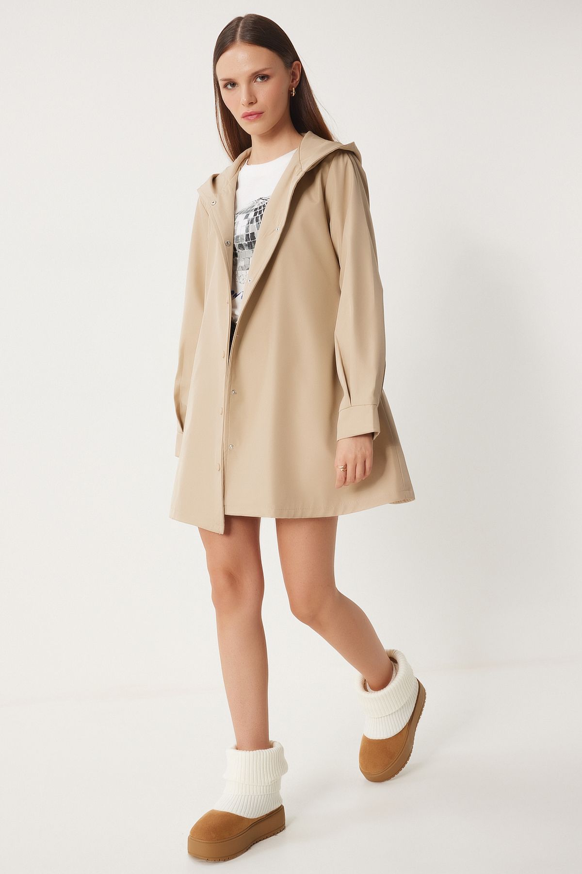 Female Beige Hooded Born Short Trench Coat DD01335
