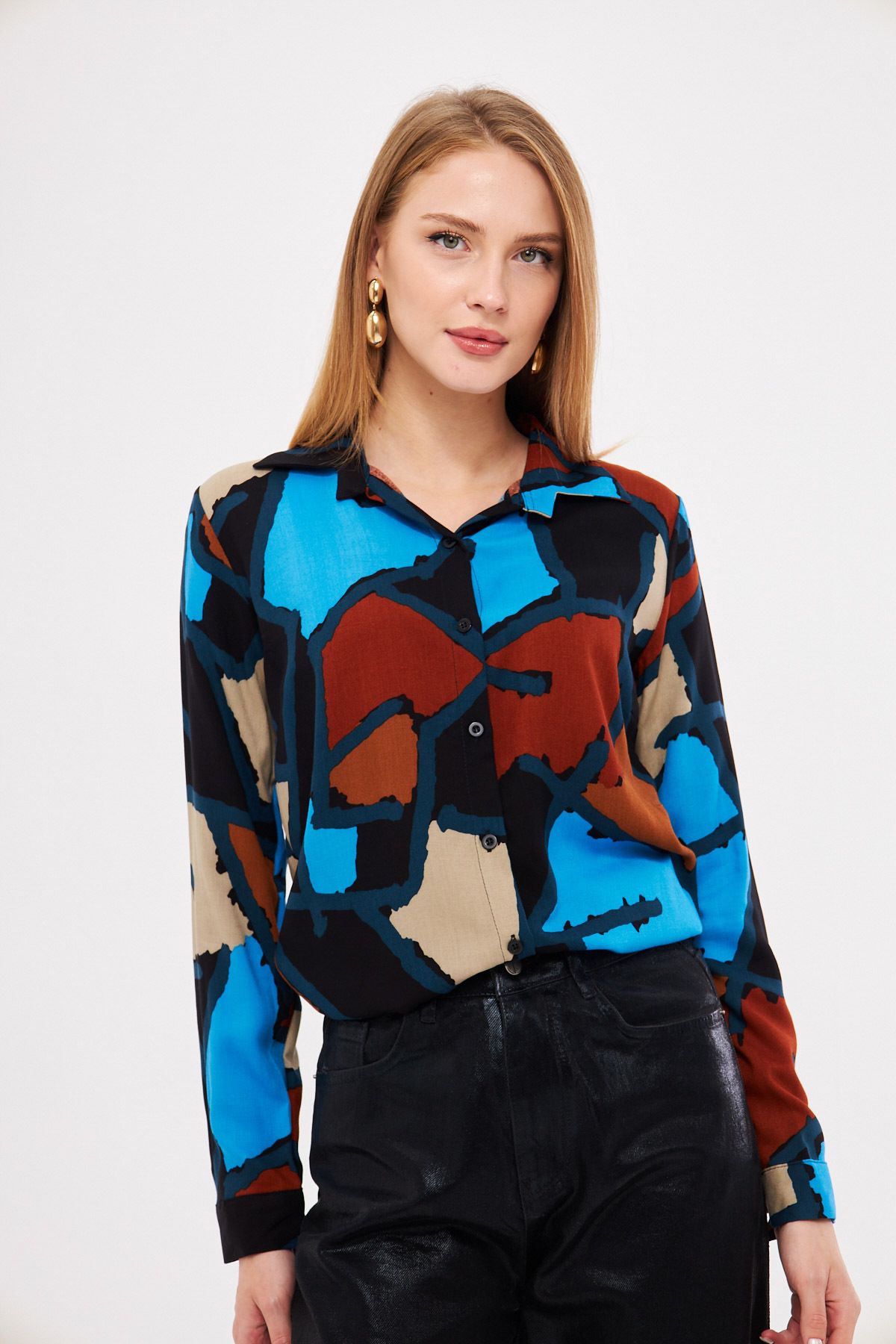 Women's Blue Patterned Long Sleeve Shirt ARM-25K001040