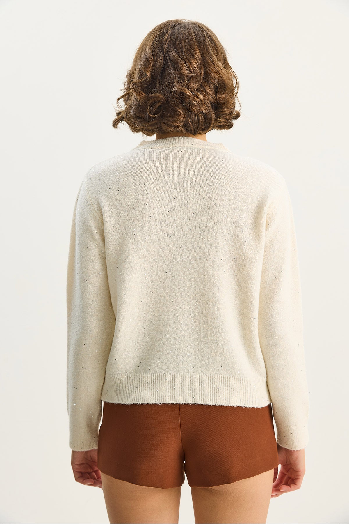 Women's Crew Neck Sequin Detailed Gilded Regular Knitwear Cardigan 4960 60283582