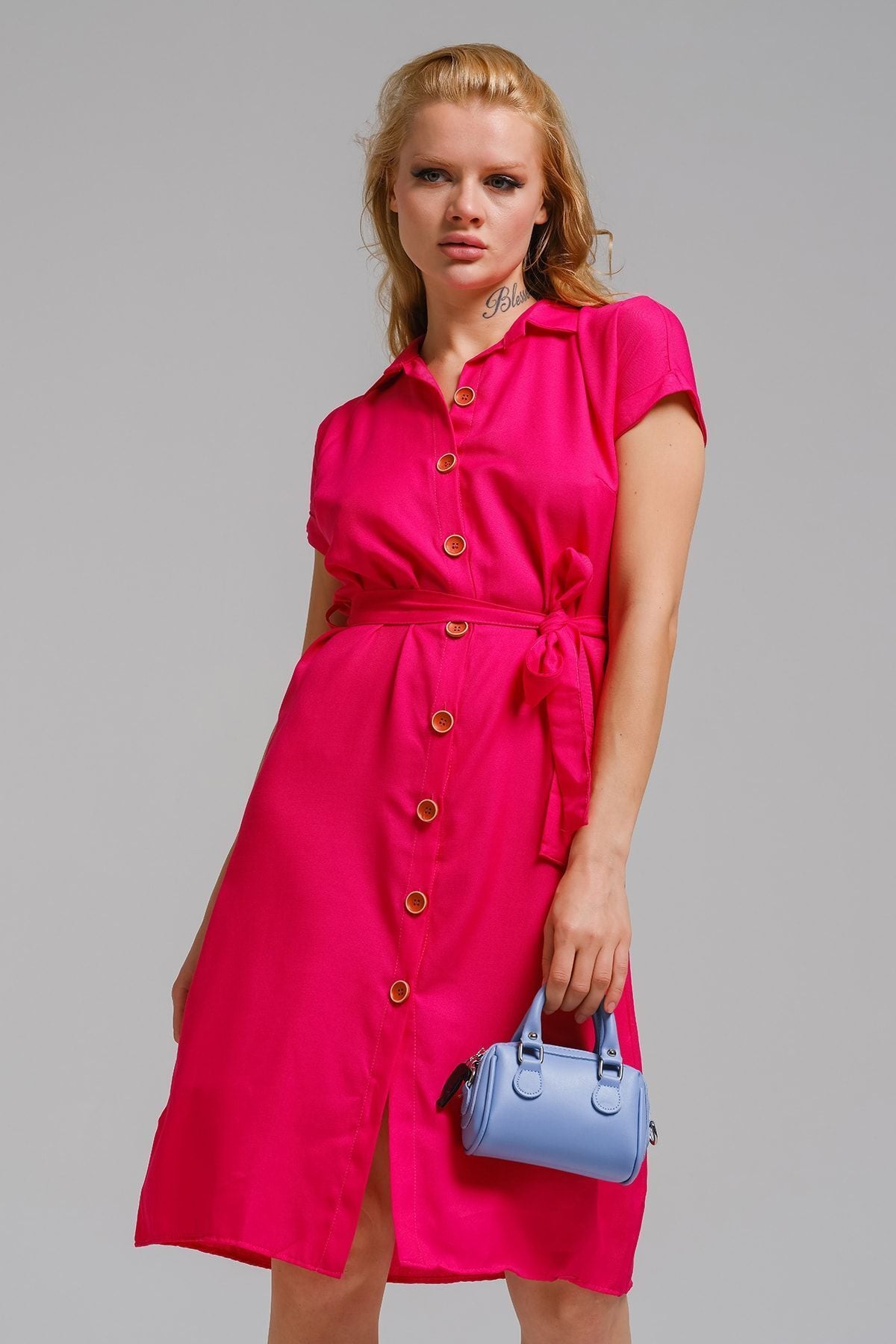 Women's Fuchsia Waist Belt Short Sleeve Shirt Dress ARM-19Y001068