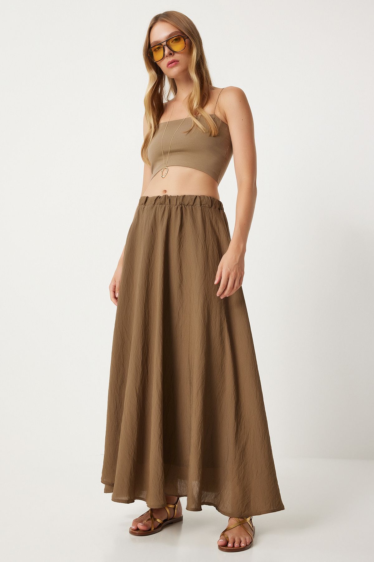 Women Khaki Flax Long Skirt with Linen Mixed DP00209