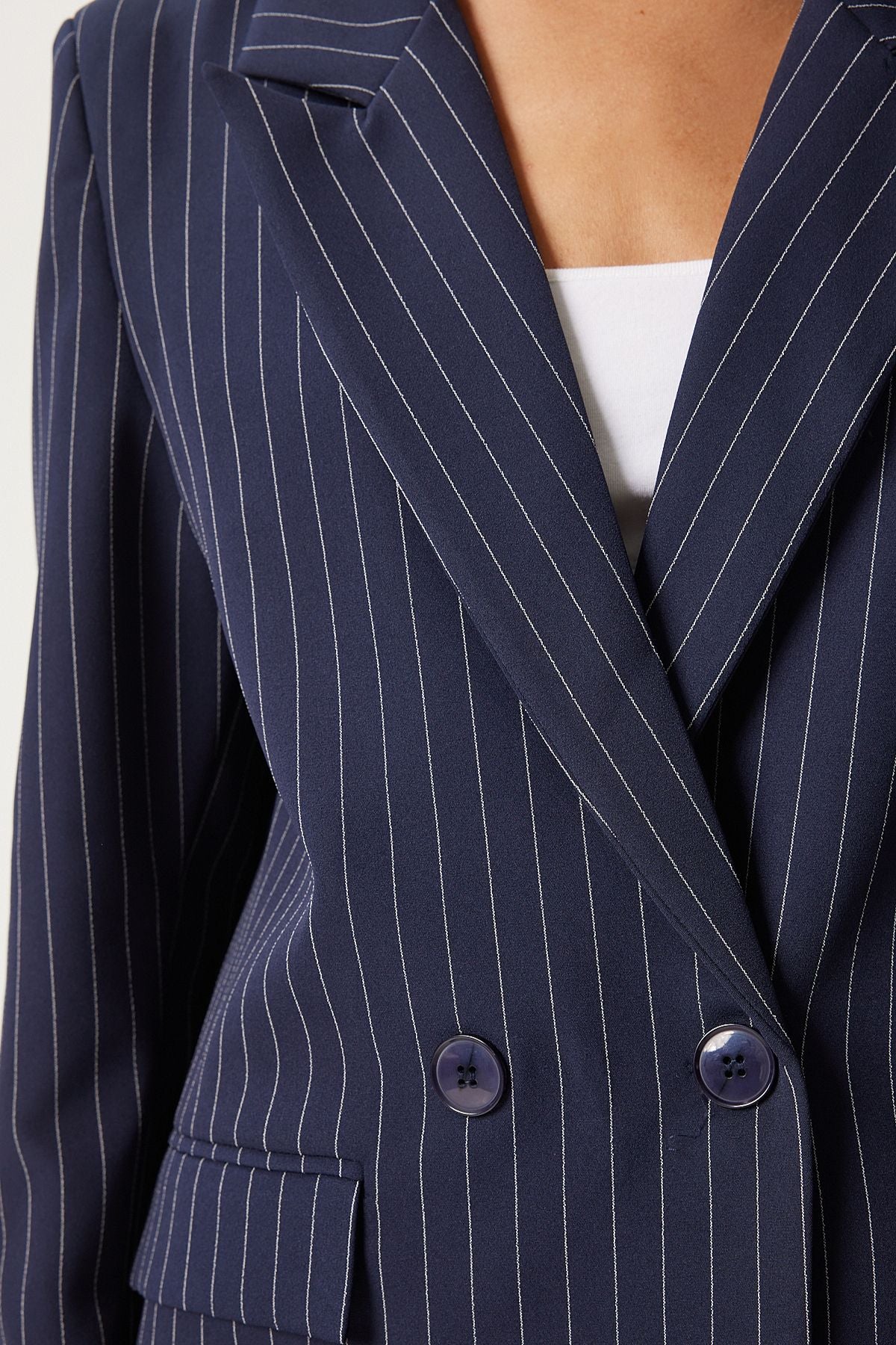 Woman Navy blue fine striped oversize cruve jacket to00152