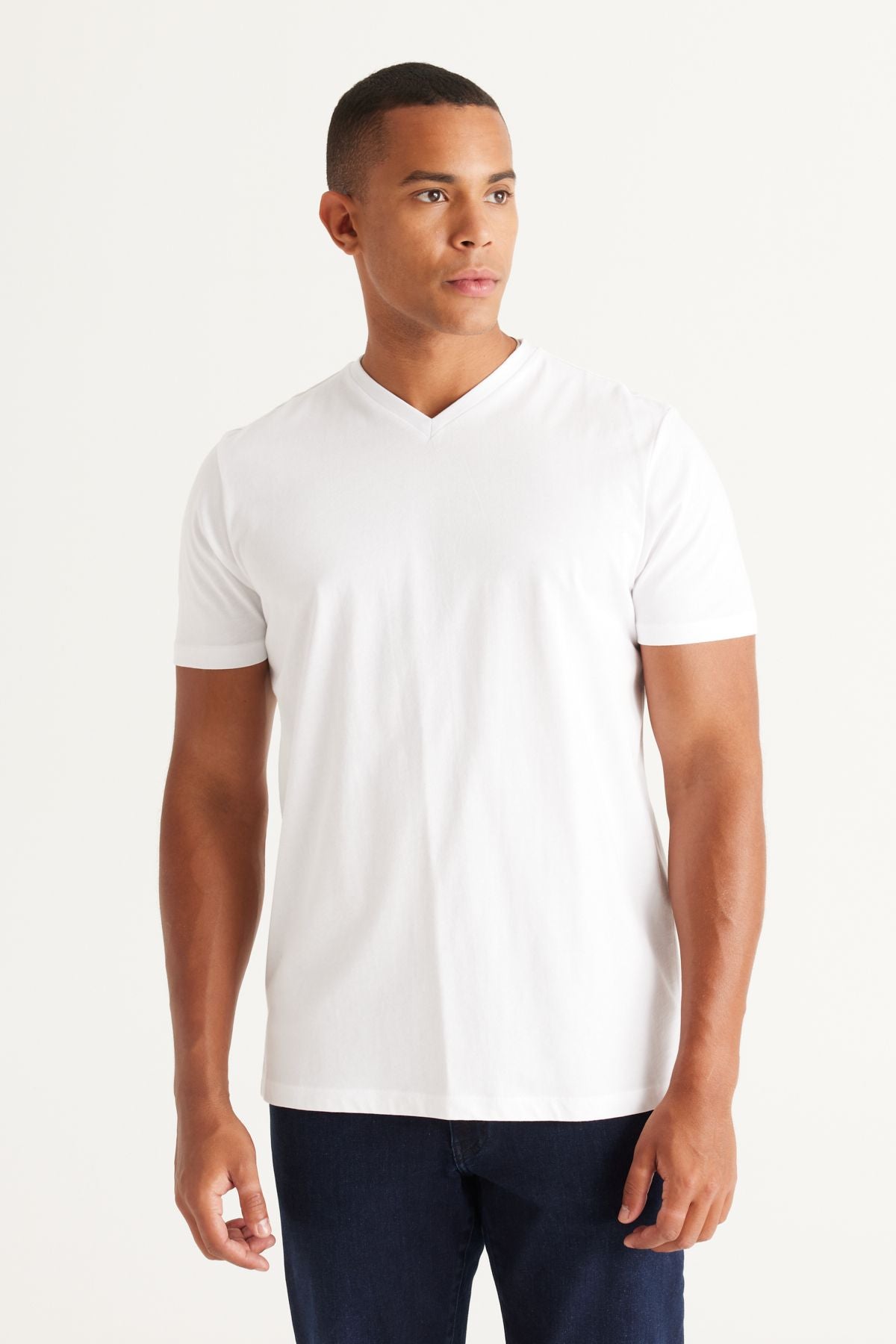 Men's White-Haki 2 V-Neck 100 %Cotton Slim Fit Narrow Cut Basic T-shirt