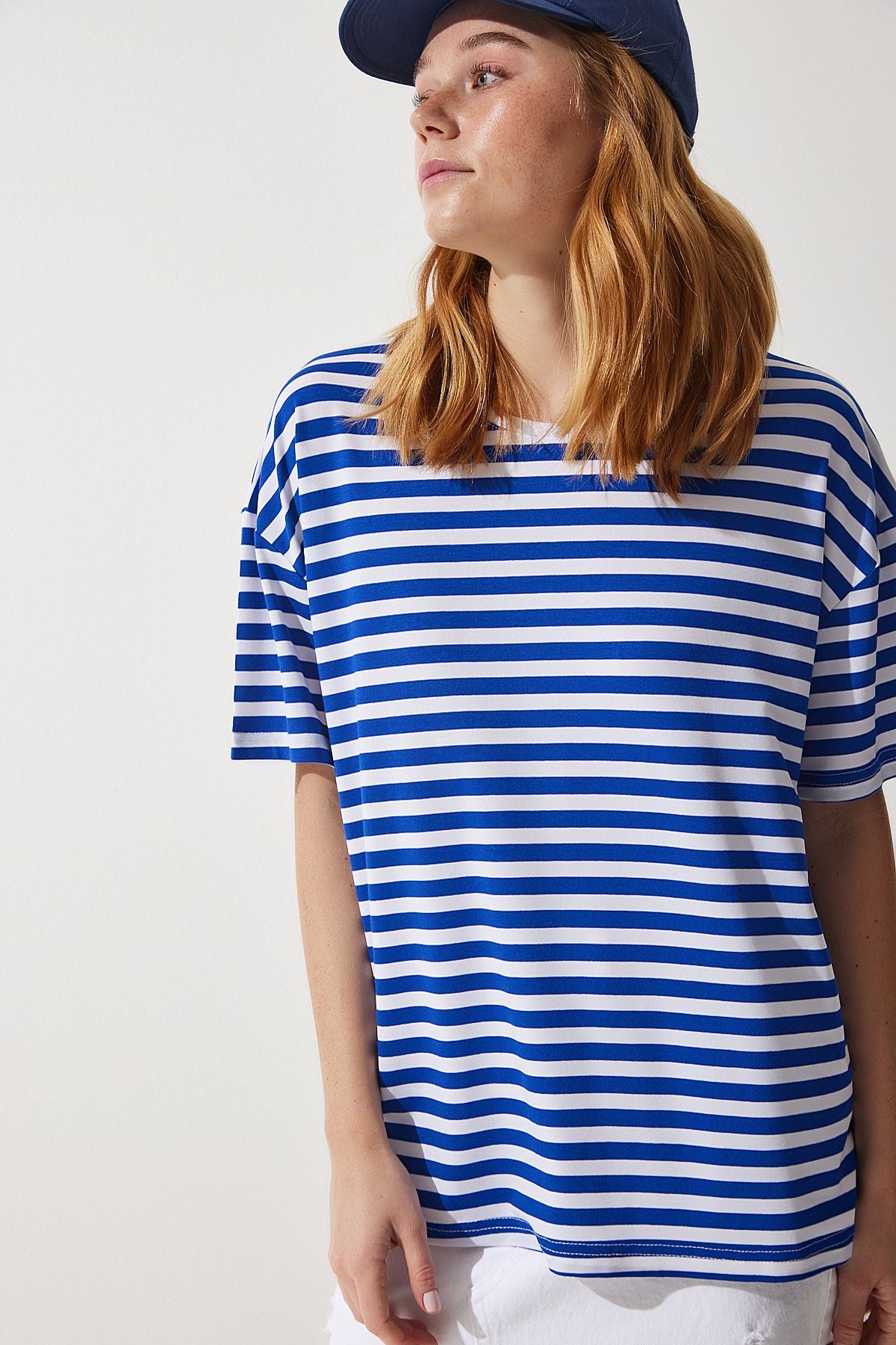 Woman Blue Bicycle Collar Striped Oversize knitting T-shirt EN00609