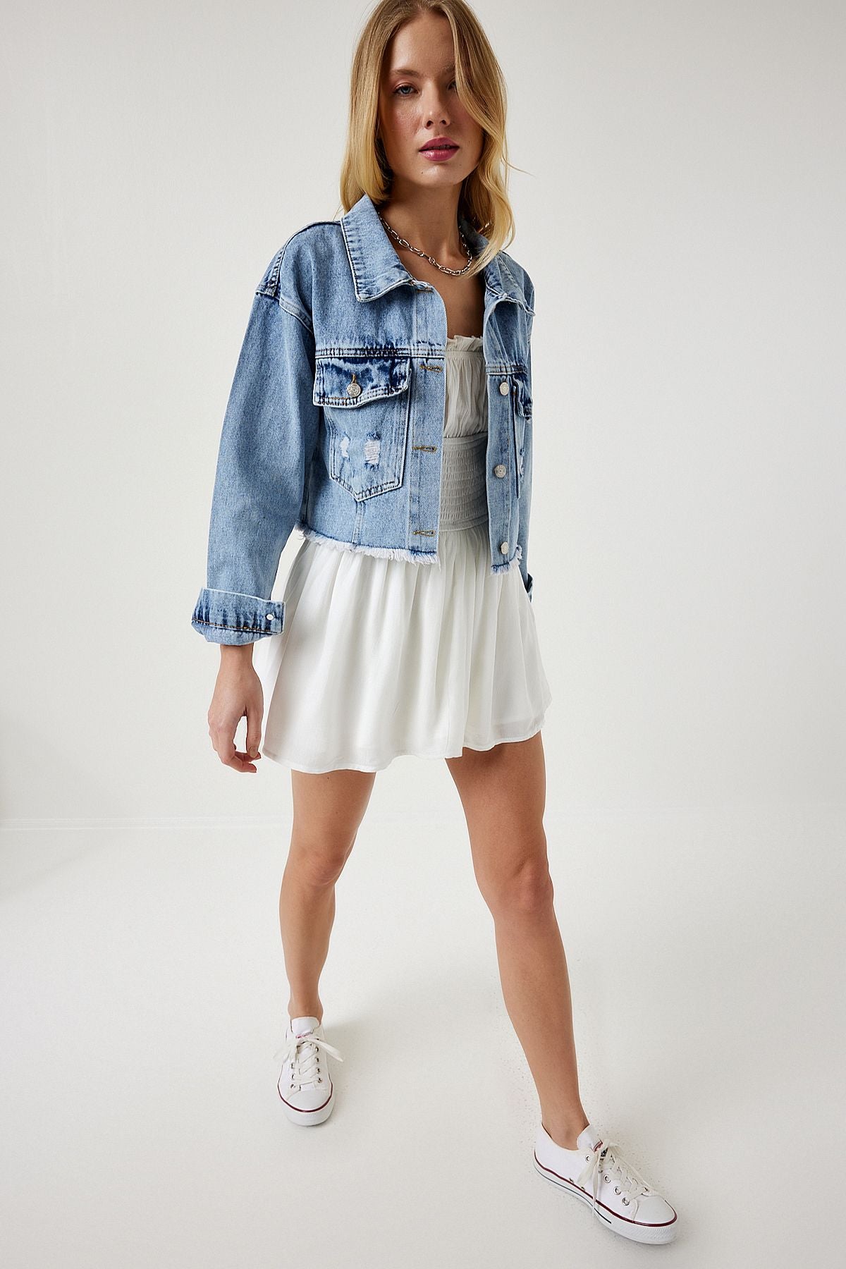 Woman Light Blue Tassel Detailed Denim Crop Jacket RV00159