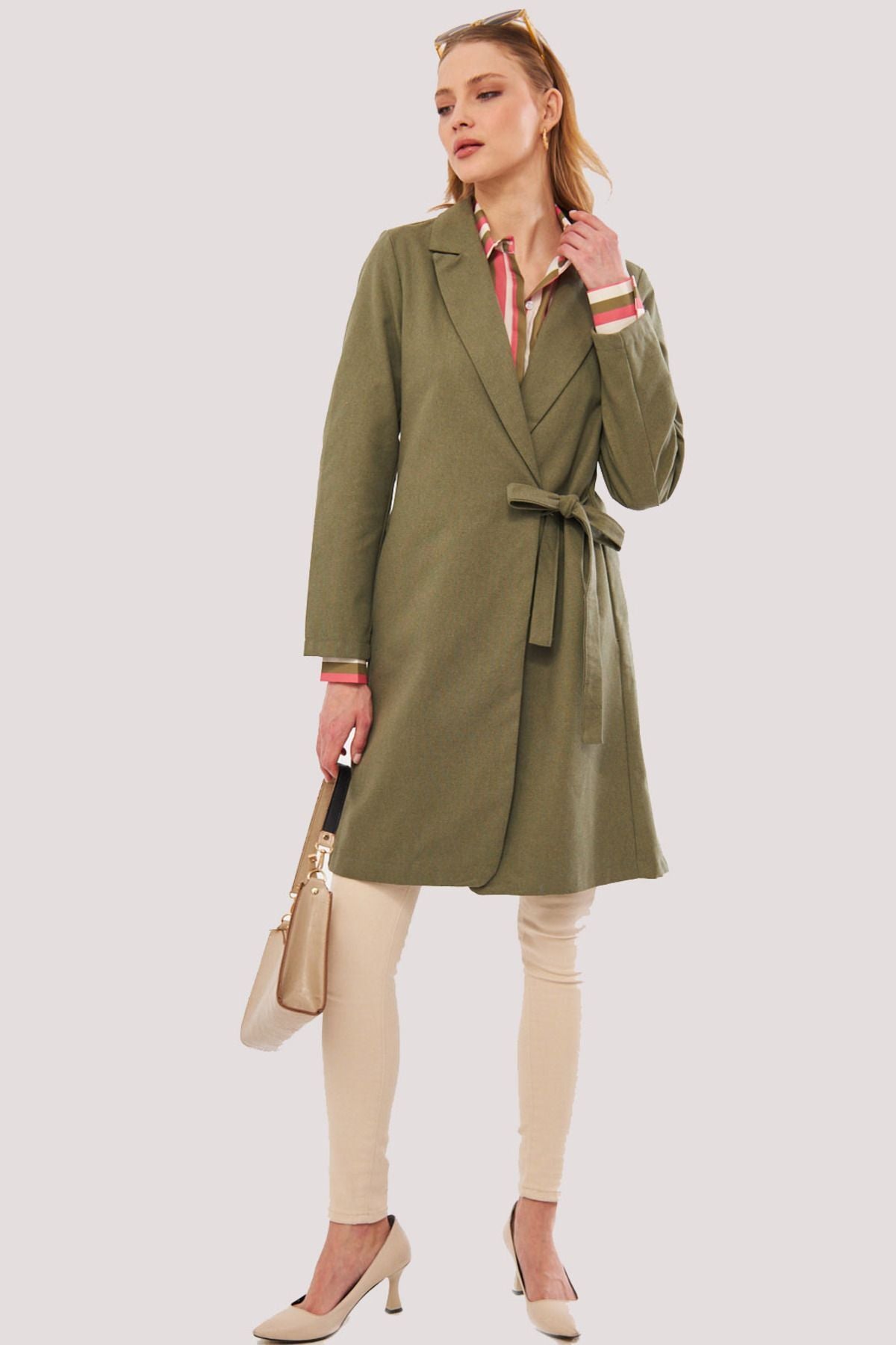 Women's Khaki side-binding long coat ARM-24Y001019