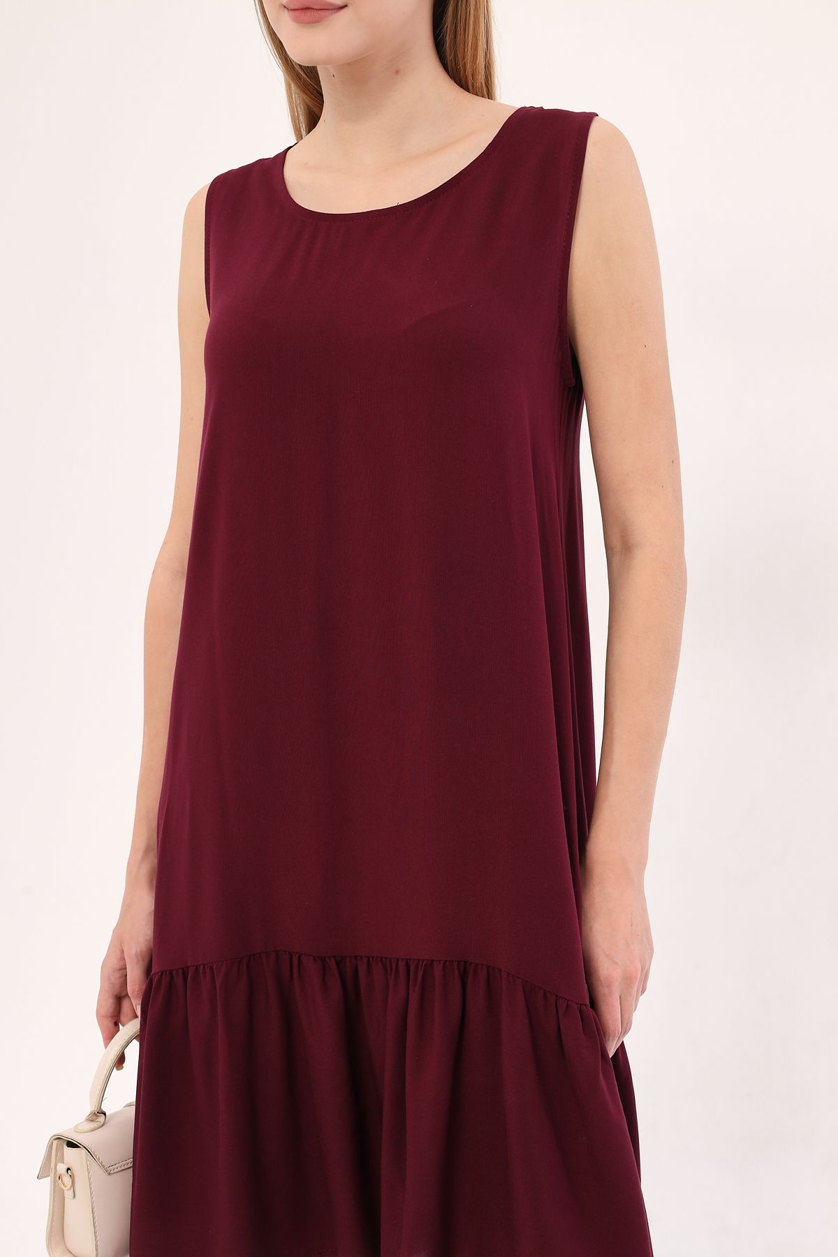 Woman Dark Bordeaux Sleeveless Skirt Ruffle Dress Arm-18y001156
