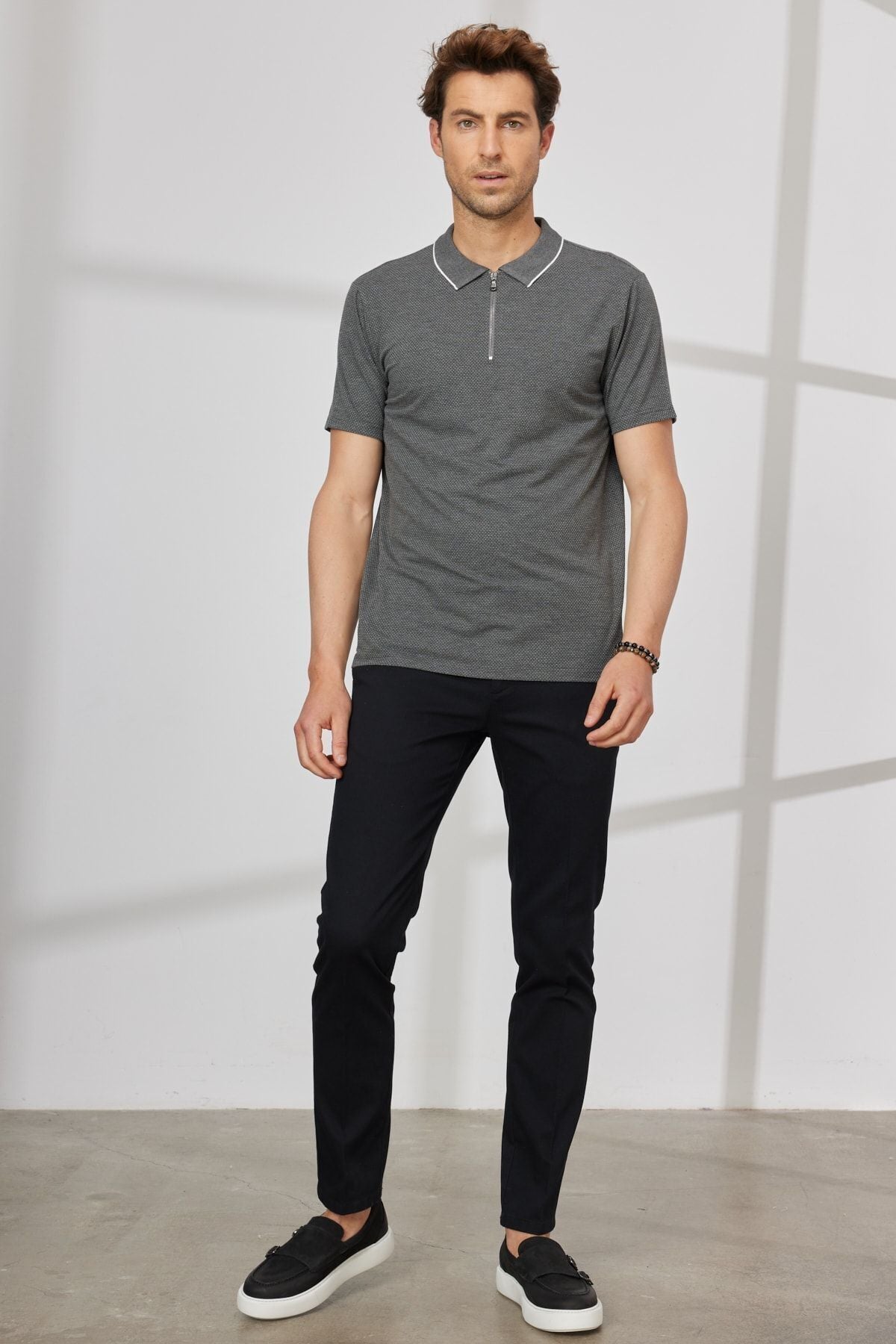 Men's anthracite slim fit narrow cut Polo Yaka Jacquard T -shirt