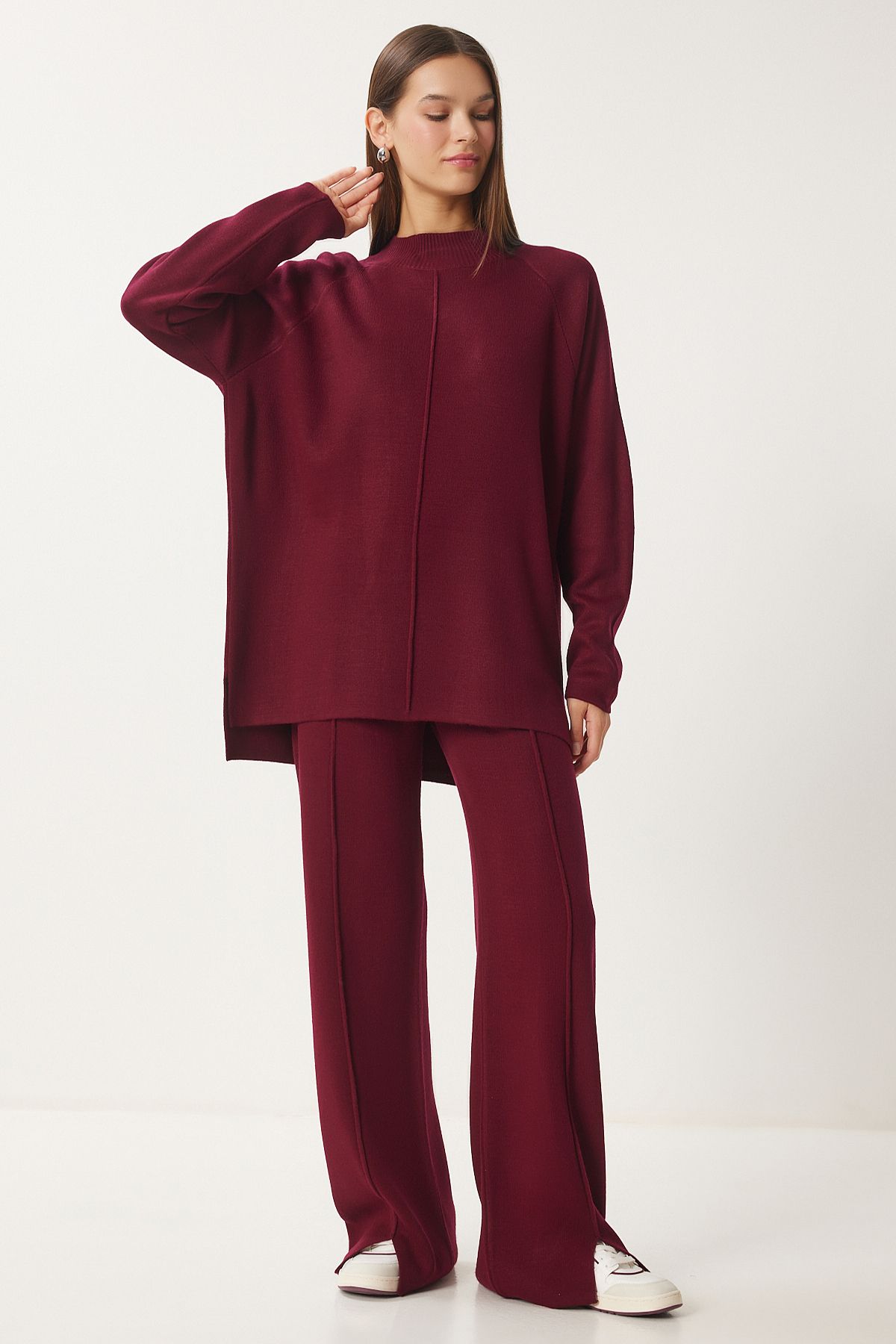 Woman Bordeaux Stylish Knitwear Cossack Pants Set Mu00012